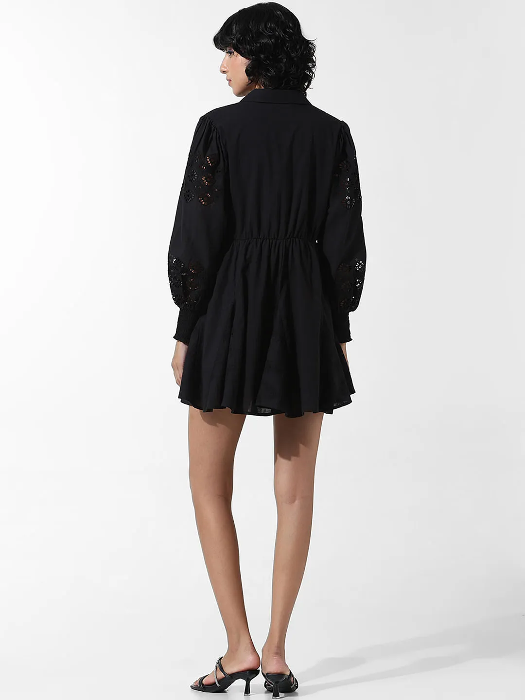 Black Embroidered Cotton Short Dress