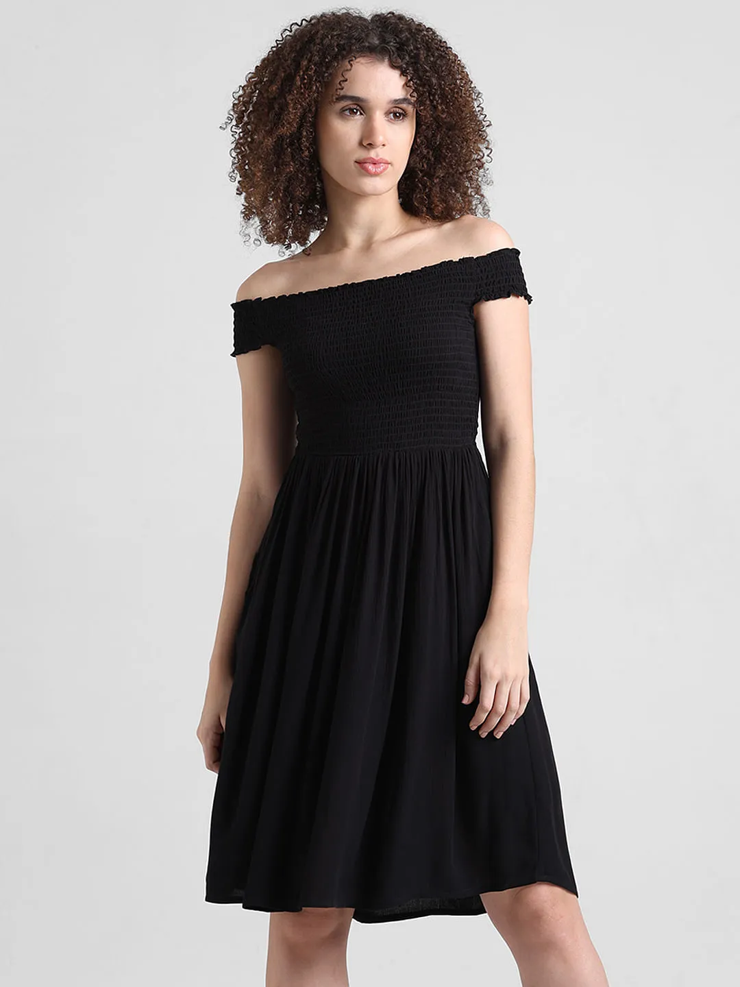 Black Smocked Off-Shoulder Dress