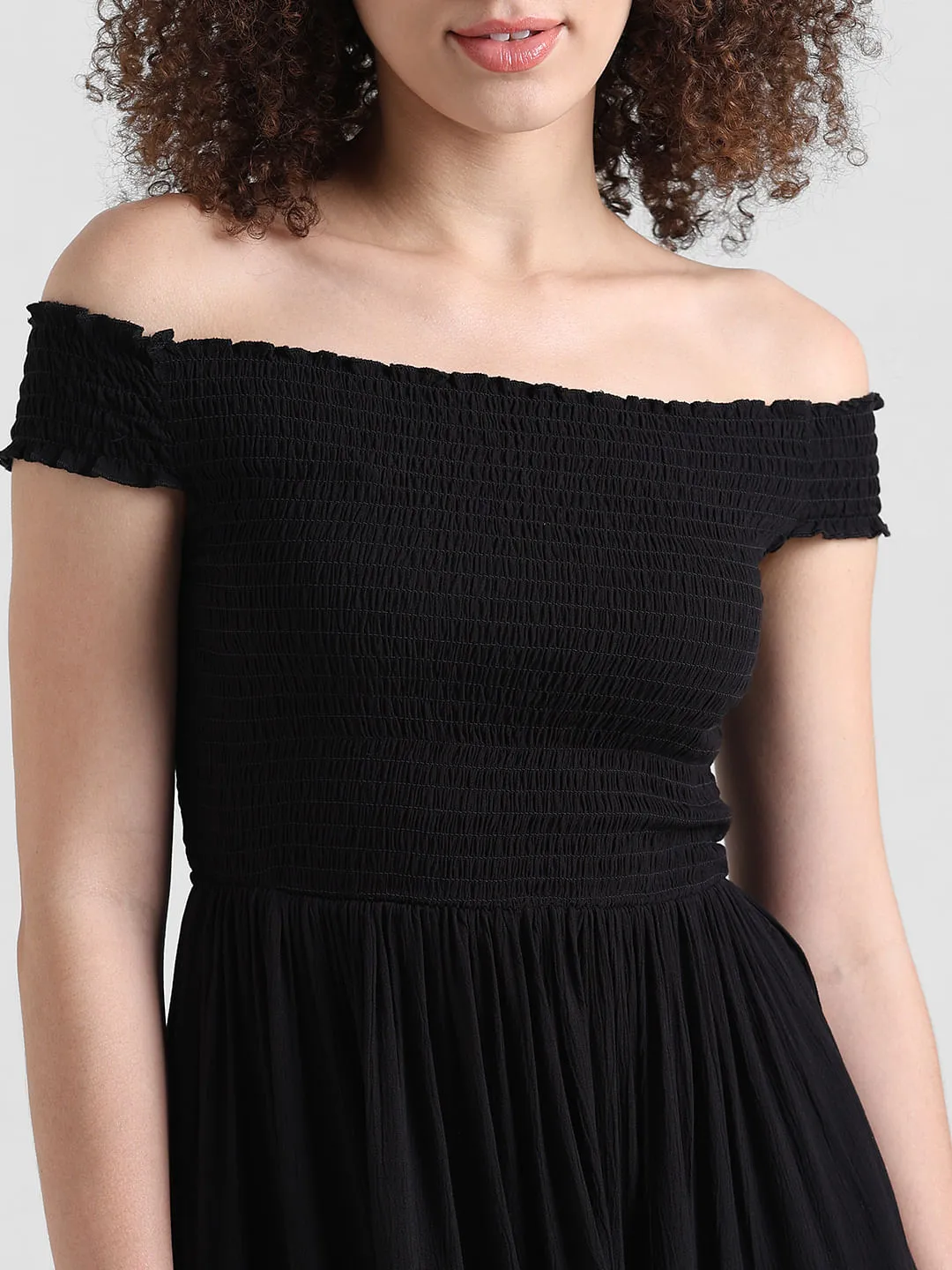 Black Smocked Off-Shoulder Dress