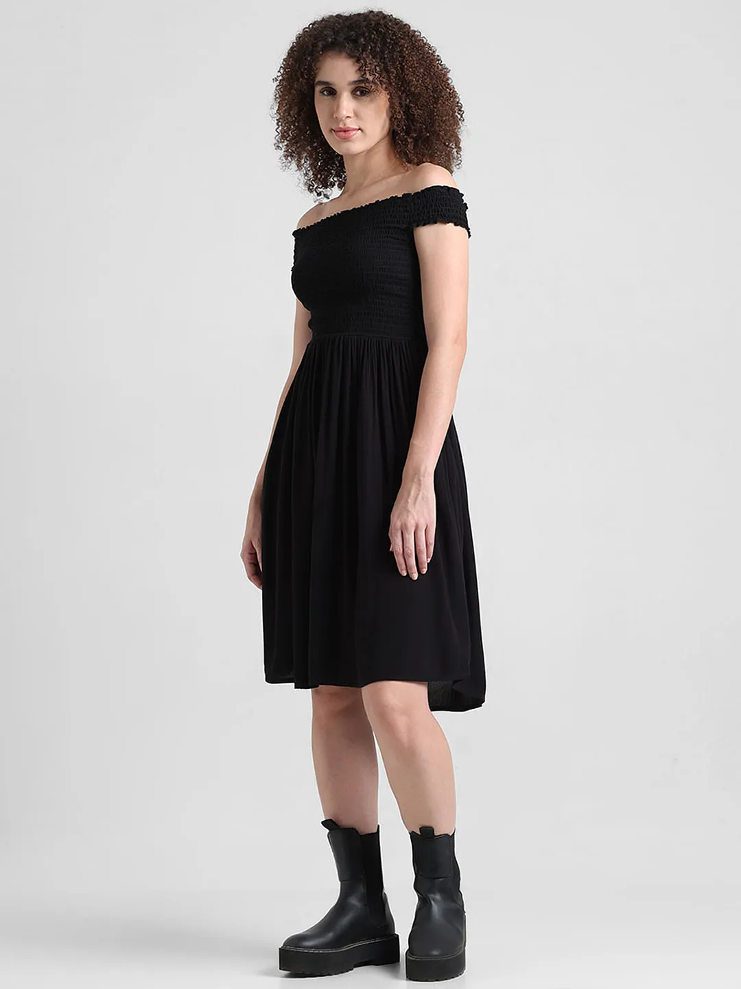 Black Smocked Off-Shoulder Dress