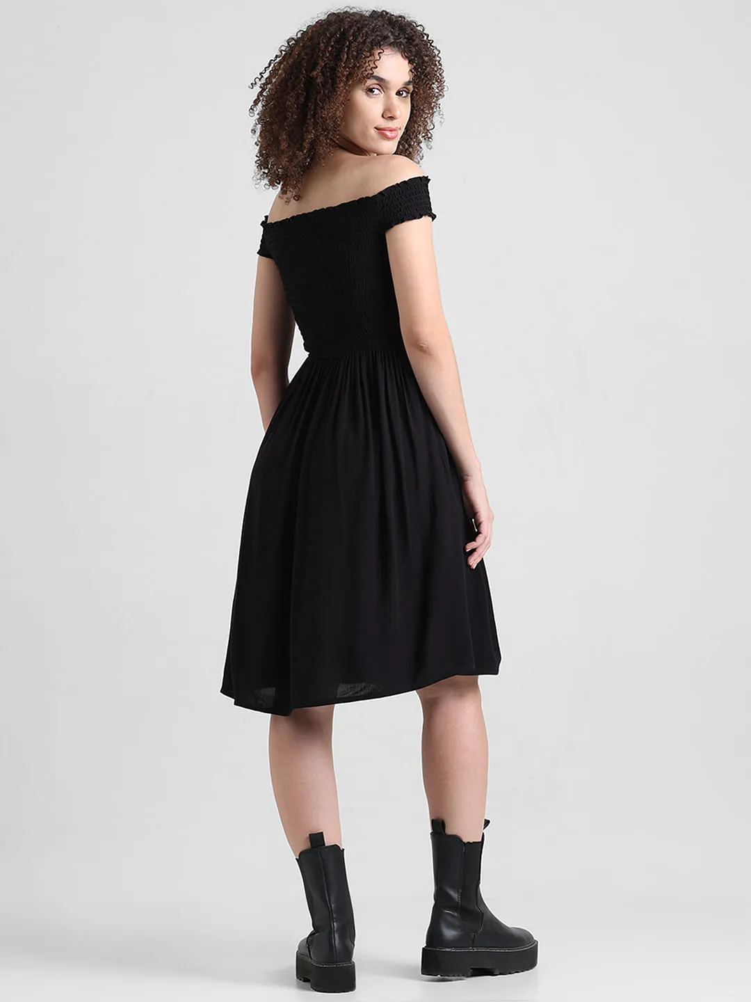 Black Smocked Off-Shoulder Dress