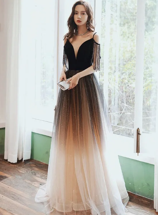 Black V-neckline Tulle Gradient A-line Prom Dress, Black Floor Length Party Dress Evening Dress