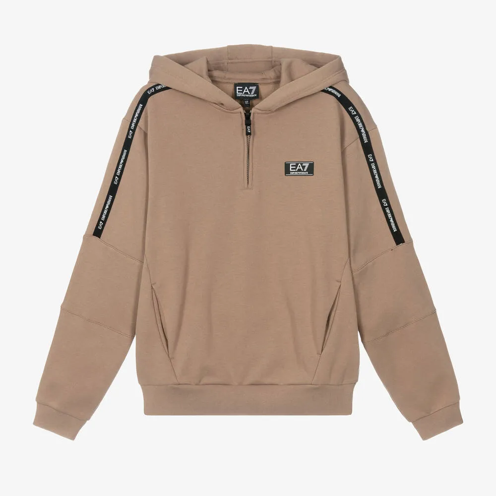 Boys Beige Cotton EA7 Logo Hoodie