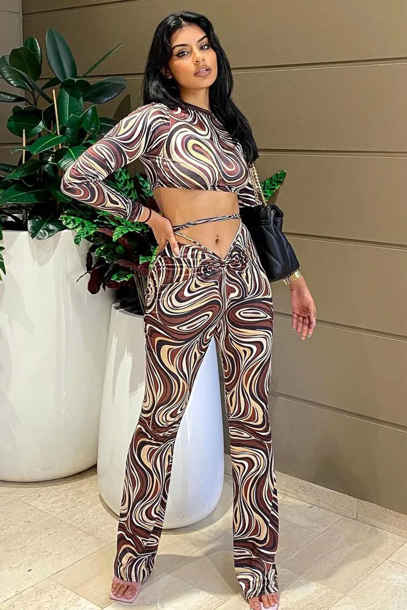 Brown Marble Print Crop Top & Tie Waist Trouser Set - Stevii