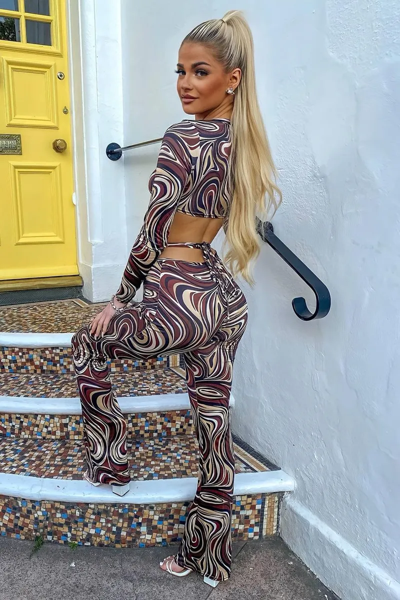 Brown Marble Print Crop Top & Tie Waist Trouser Set - Stevii