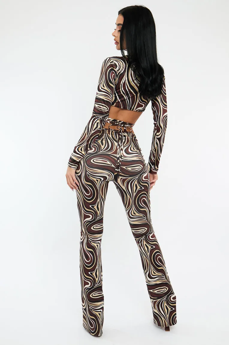 Brown Marble Print Crop Top & Tie Waist Trouser Set - Stevii