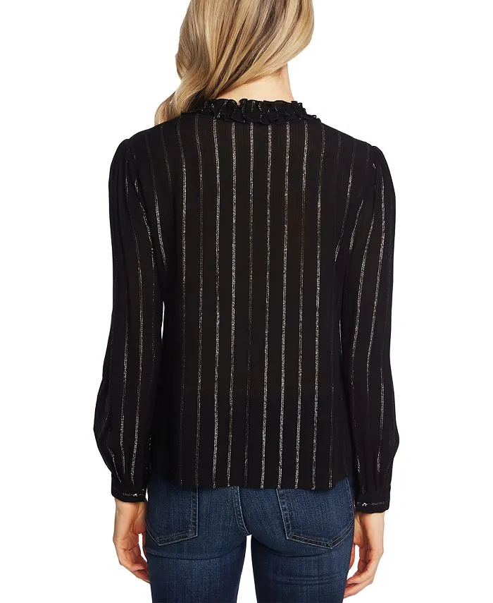 CeCe Women's Metallic Stripe Long Sleeve Blouse Black Size X-Large