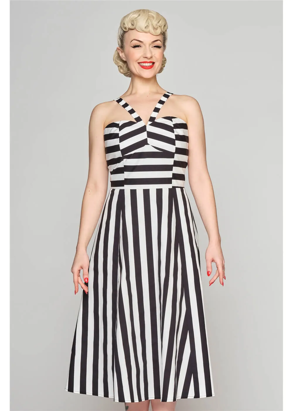 Collectif Emma Contrast Stripe 50's Swing Dress Black White