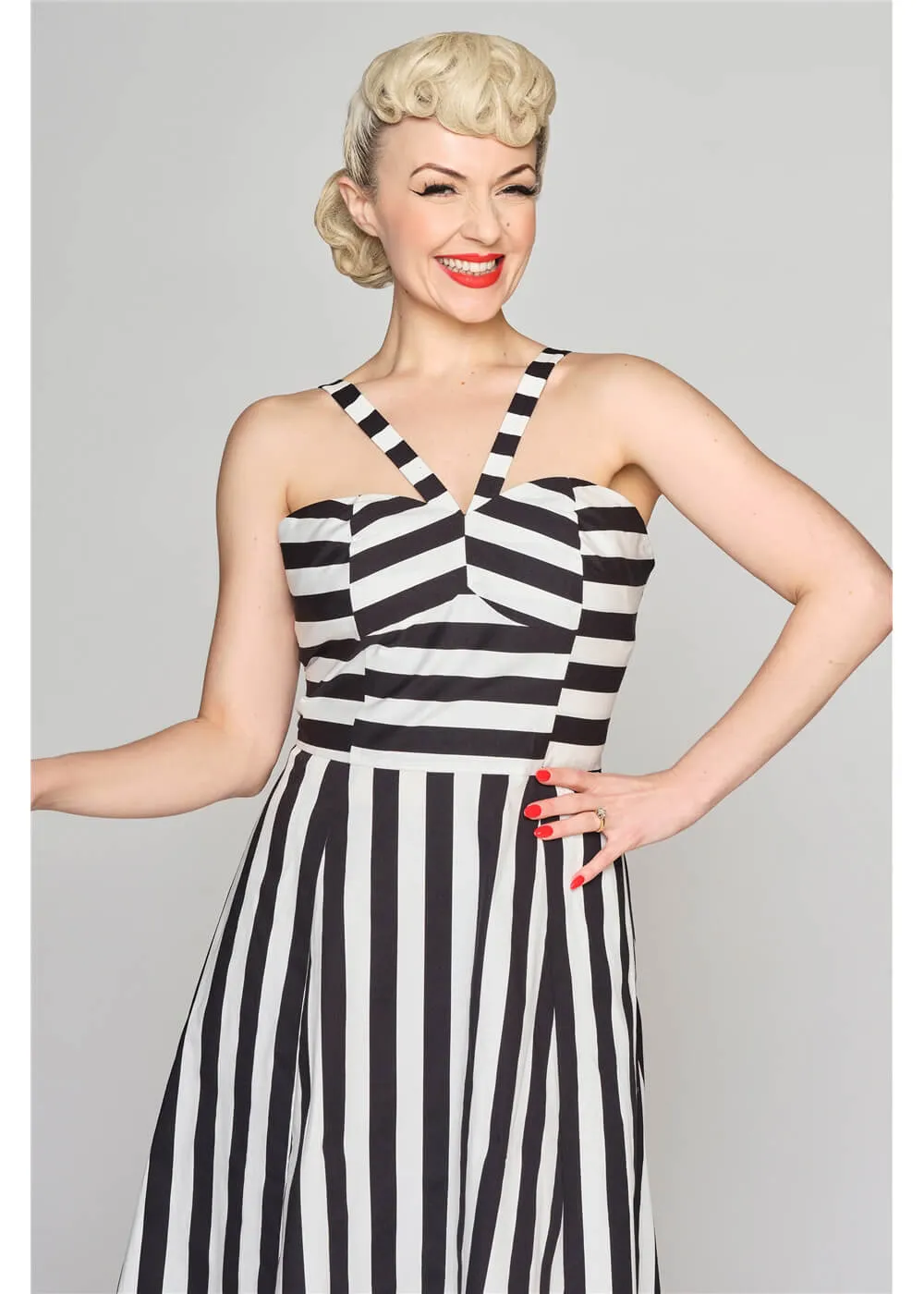 Collectif Emma Contrast Stripe 50's Swing Dress Black White