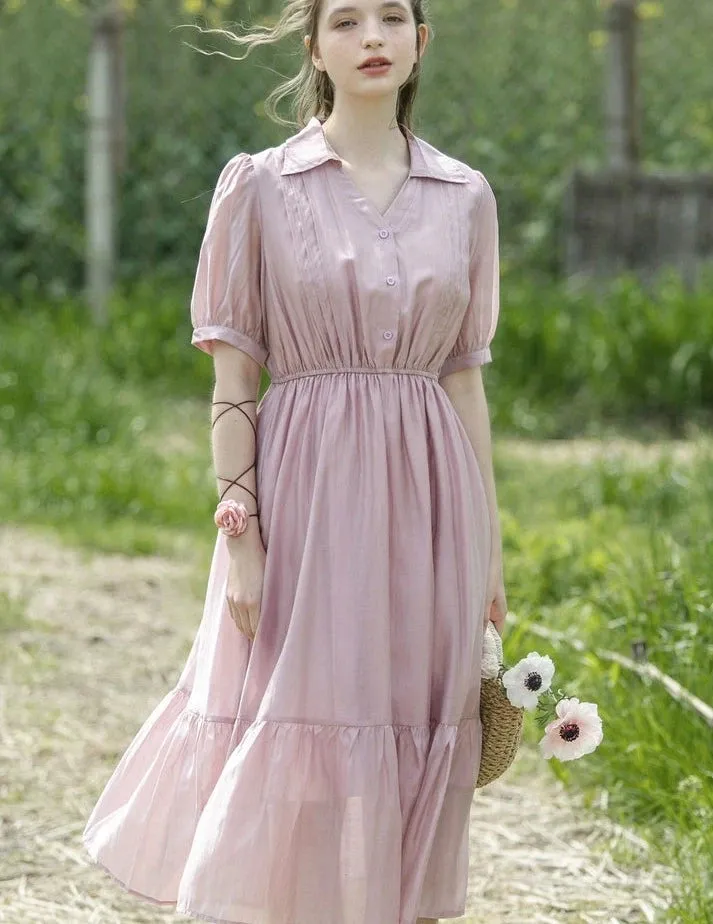 Country Living V-neck shirt Tencel dress women's mid-length summer new pink Dresses