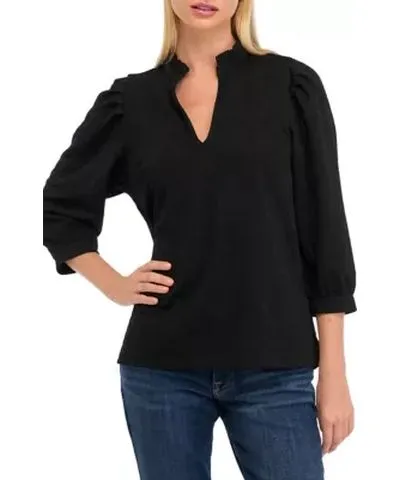 Crown & Ivy Women's 3/4 Sleeve Jacquard Ruffle Neck Top