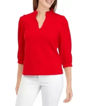 Crown & Ivy Women's Petite Ruffle Split Neck Top