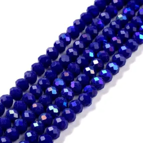 Crystal Glass Beads, Electroplated, Rondelle, Faceted, Opaque, Dark Blue, Half AB Plated, 4mm