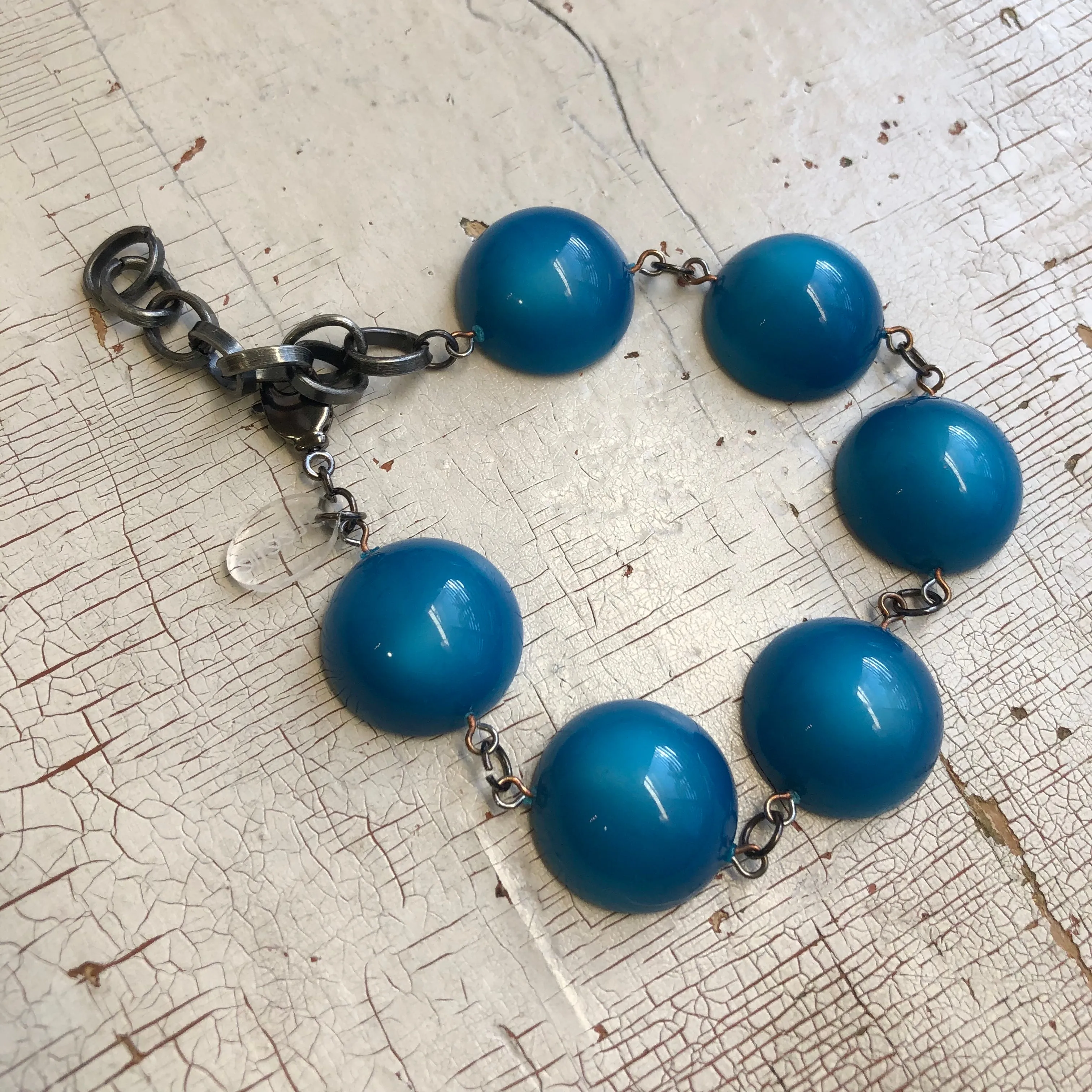 Dark Aqua Blue Moonglow Disc Stations Bracelet