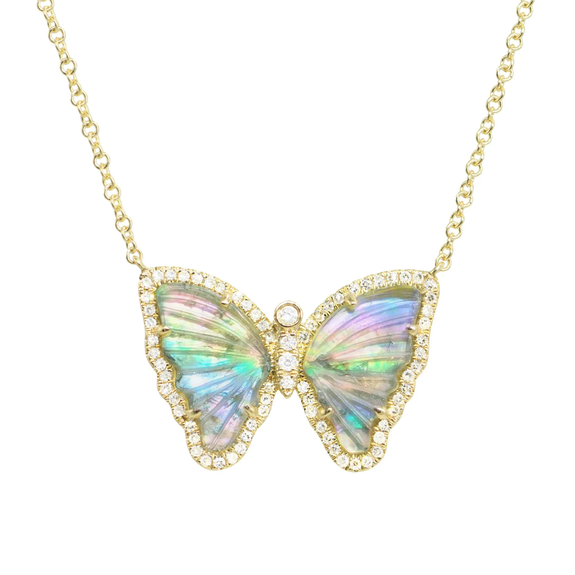 Dark Blue Green Tourmaline Pearl Butterfly Necklace with Diamonds