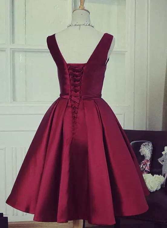 Dark Red V-neckline Knee Length Satin Short Prom Dress, Homecoming Dress