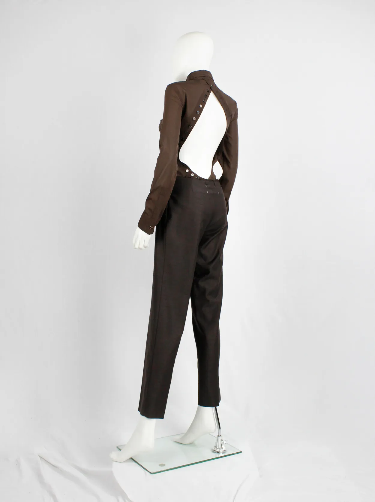 Dirk Bikkembergs brown bodysuit shirt with open back and rows of buttons