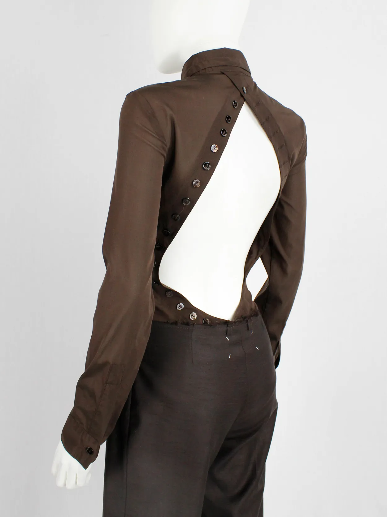 Dirk Bikkembergs brown bodysuit shirt with open back and rows of buttons