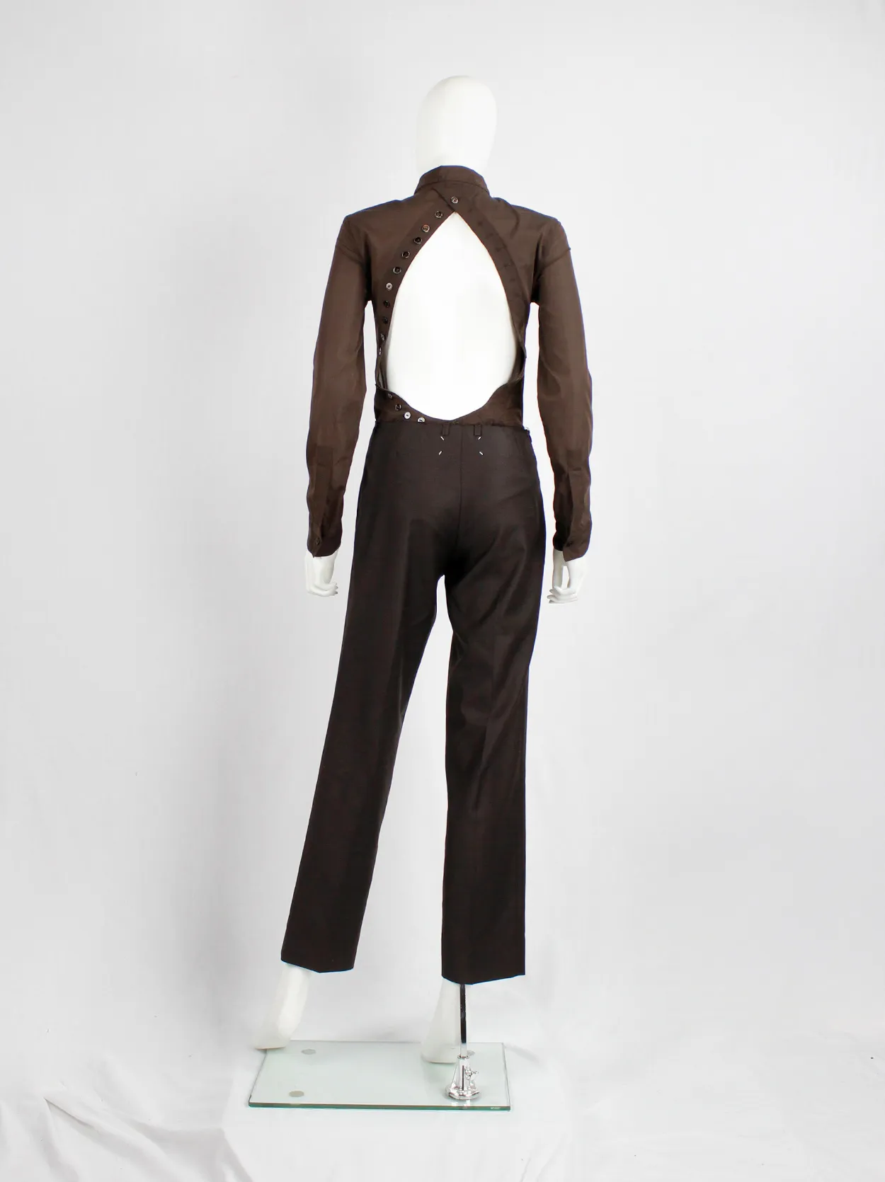 Dirk Bikkembergs brown bodysuit shirt with open back and rows of buttons