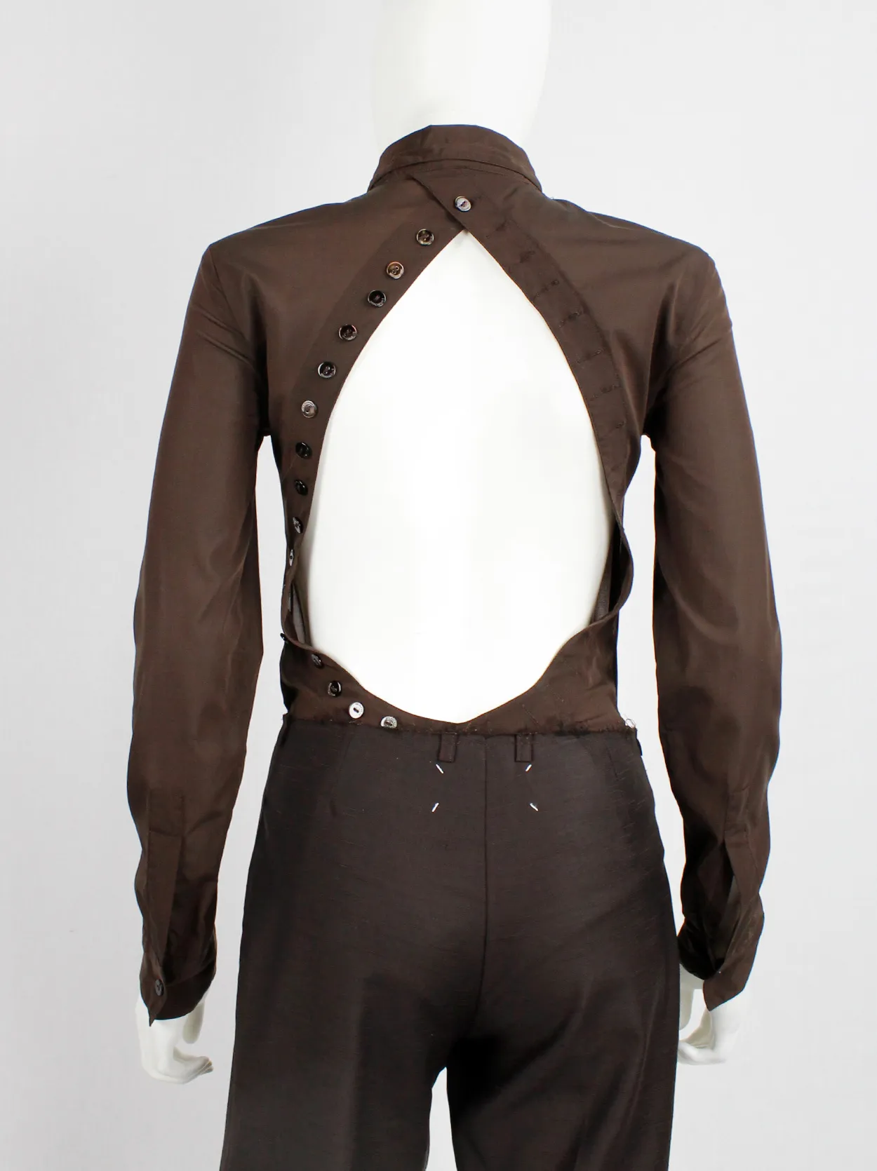 Dirk Bikkembergs brown bodysuit shirt with open back and rows of buttons