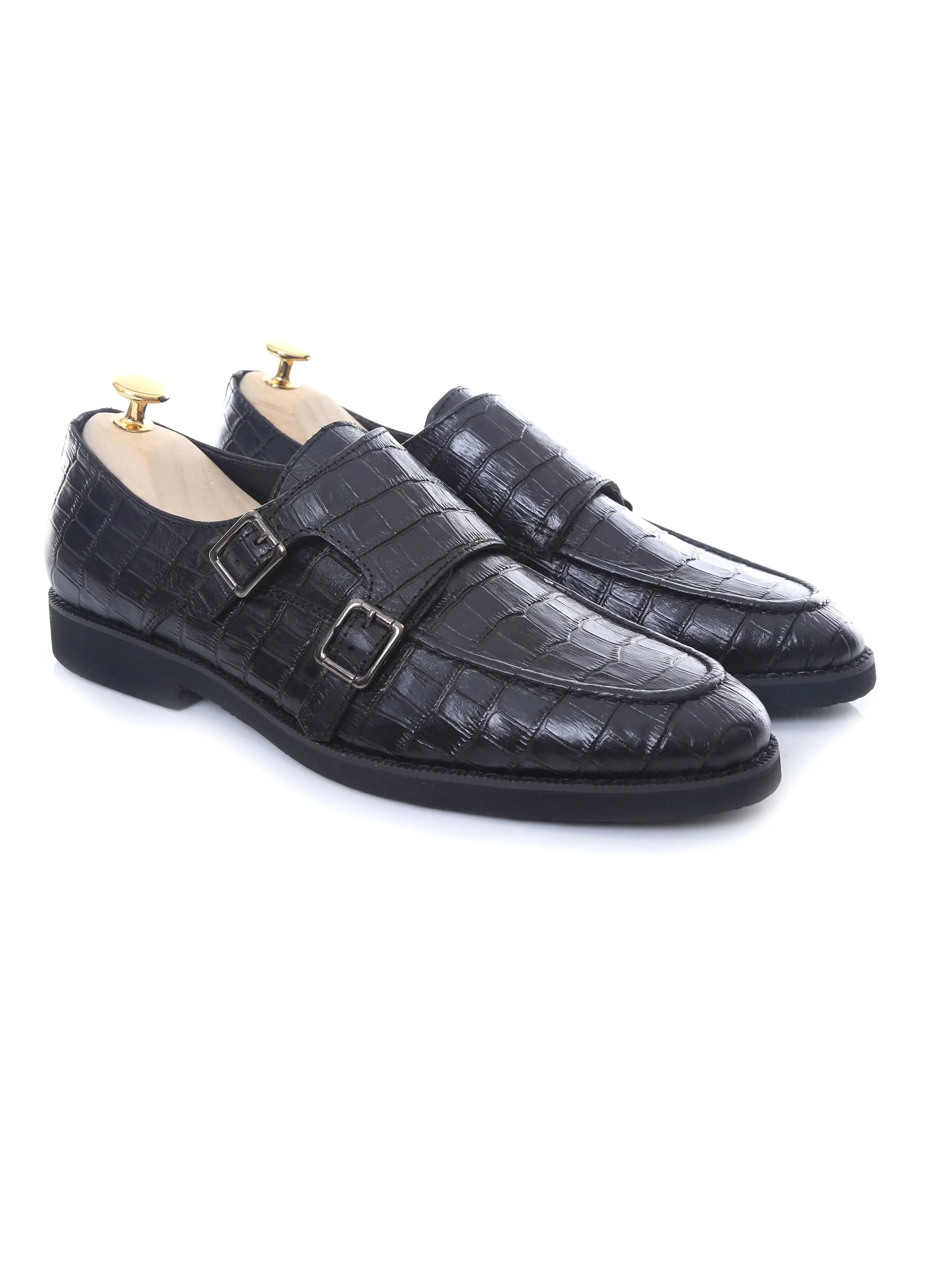 Double Monk Strap - Black Croco Leather (Crepe Sole)