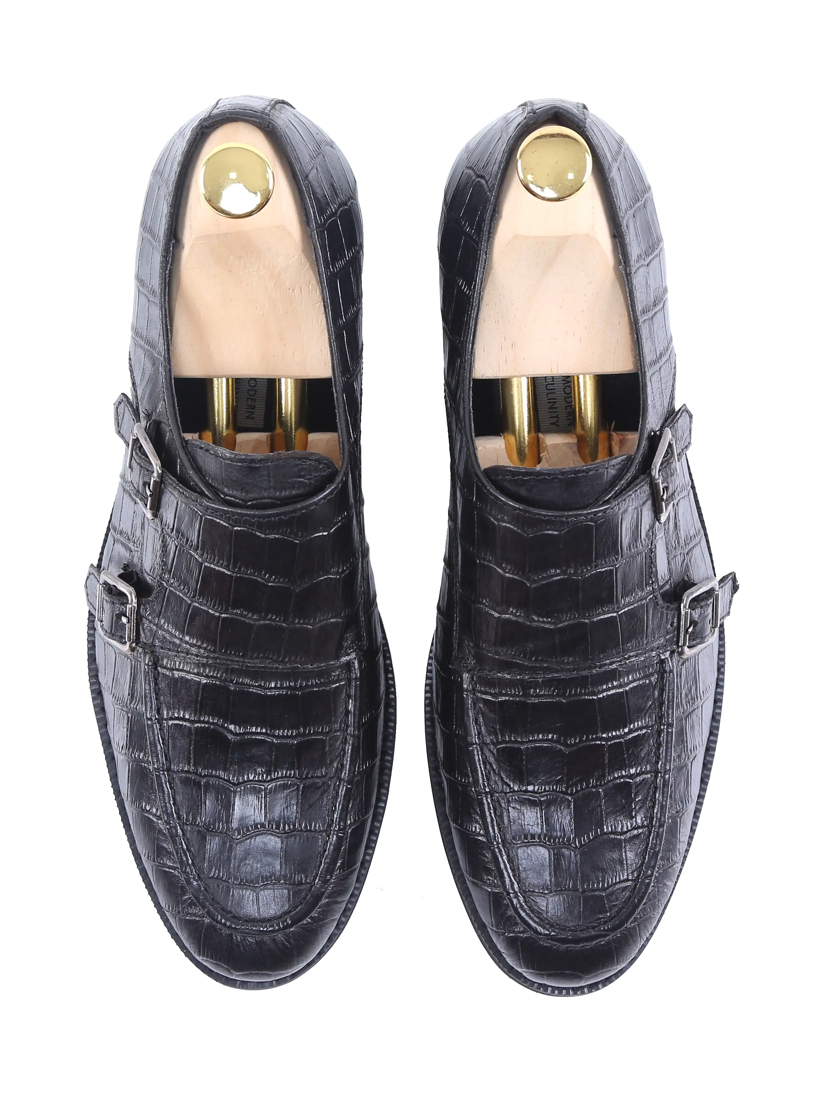 Double Monk Strap - Black Croco Leather (Crepe Sole)