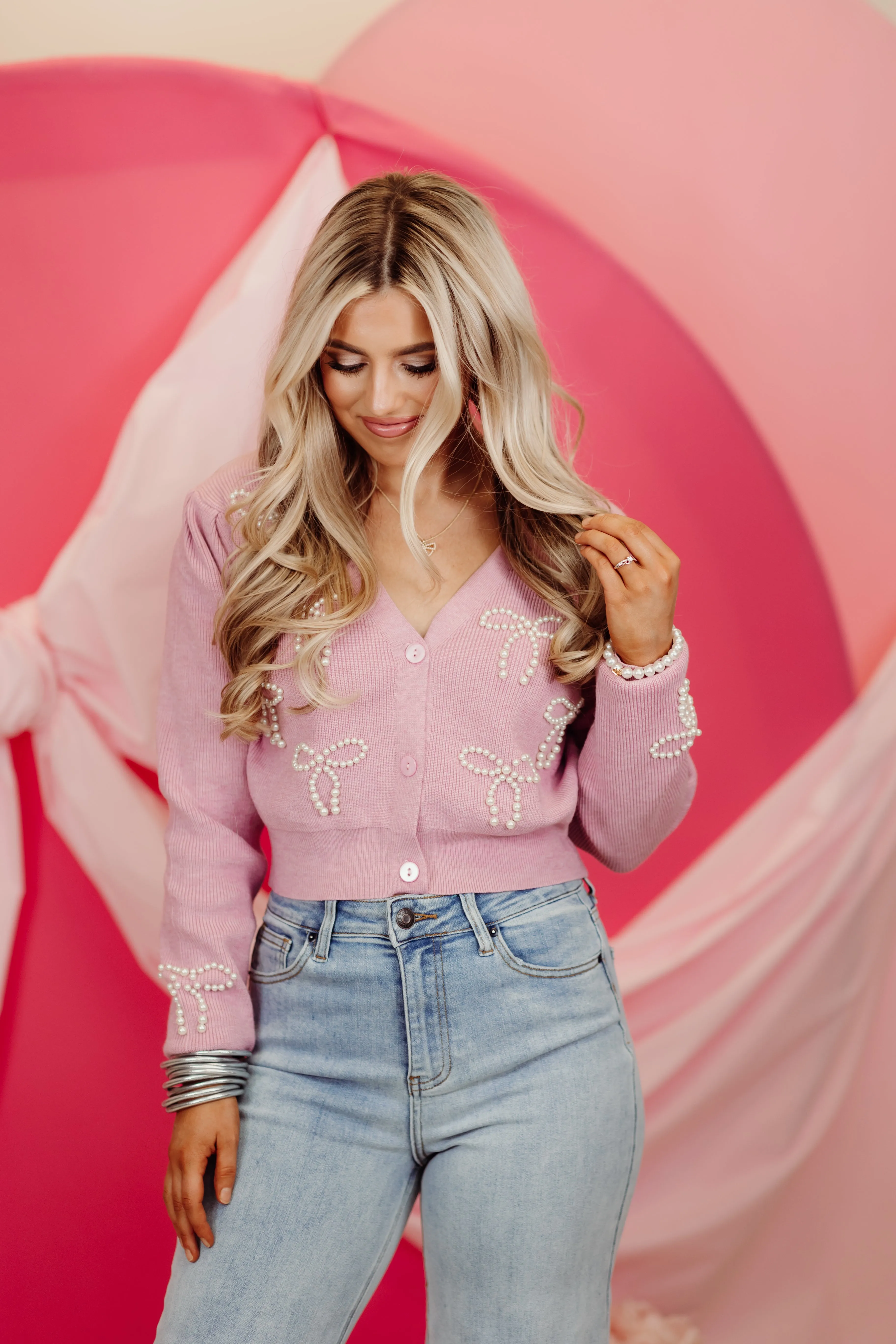 Dusty Pink Pearl Ribbon Embellished Cropped Cardigan