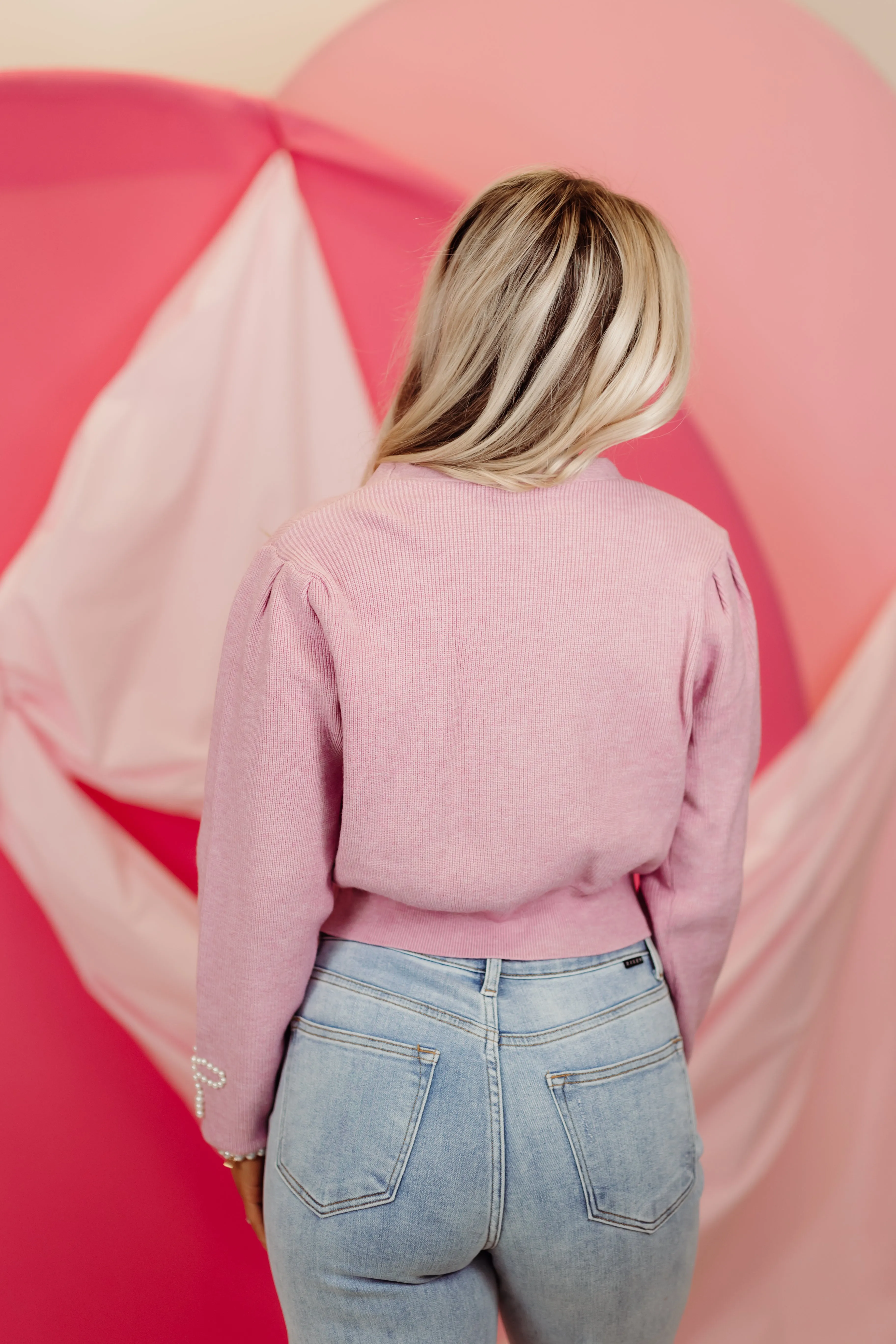 Dusty Pink Pearl Ribbon Embellished Cropped Cardigan