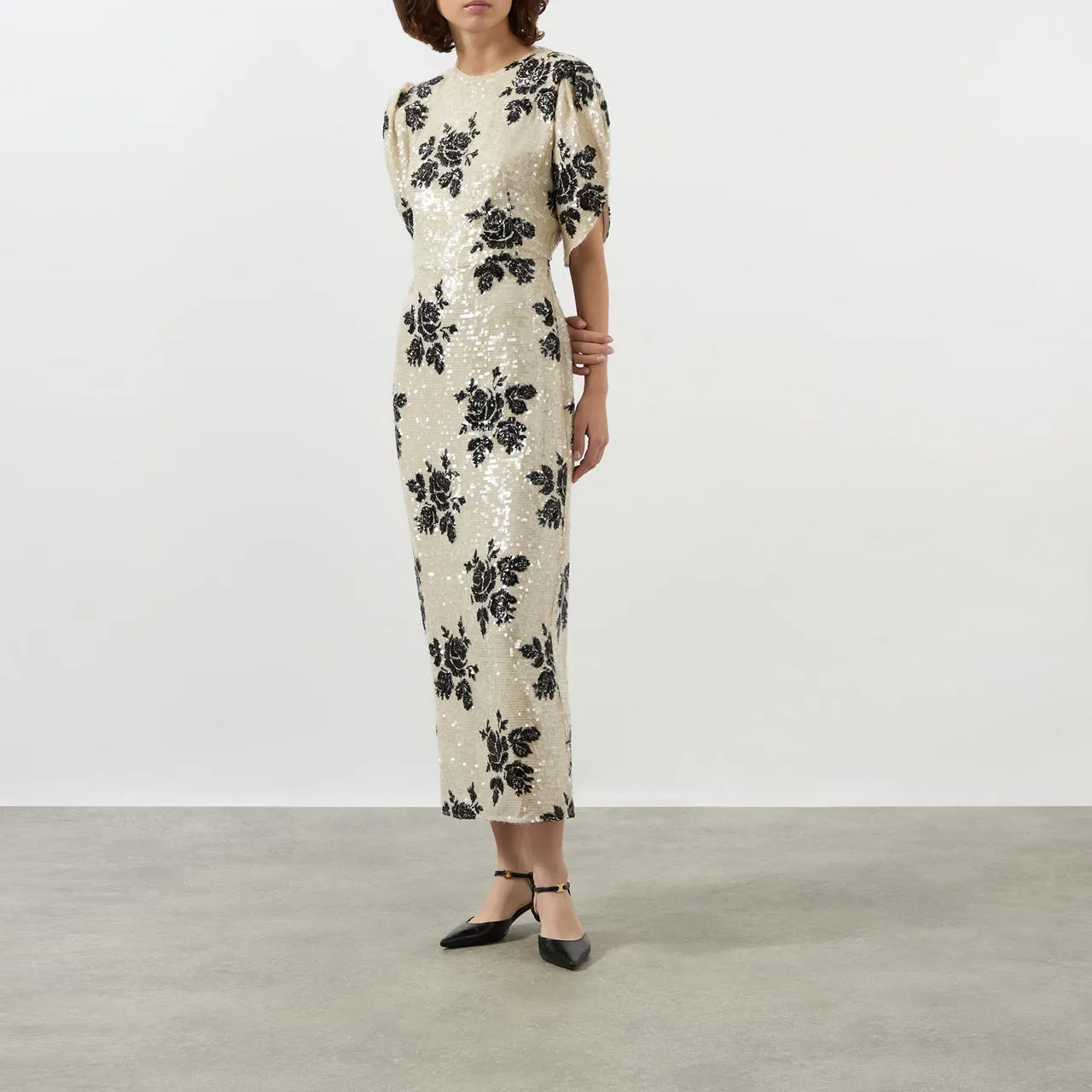 ERDEM Floral Sequin Embellished Pencil Dress - Winter White + Black