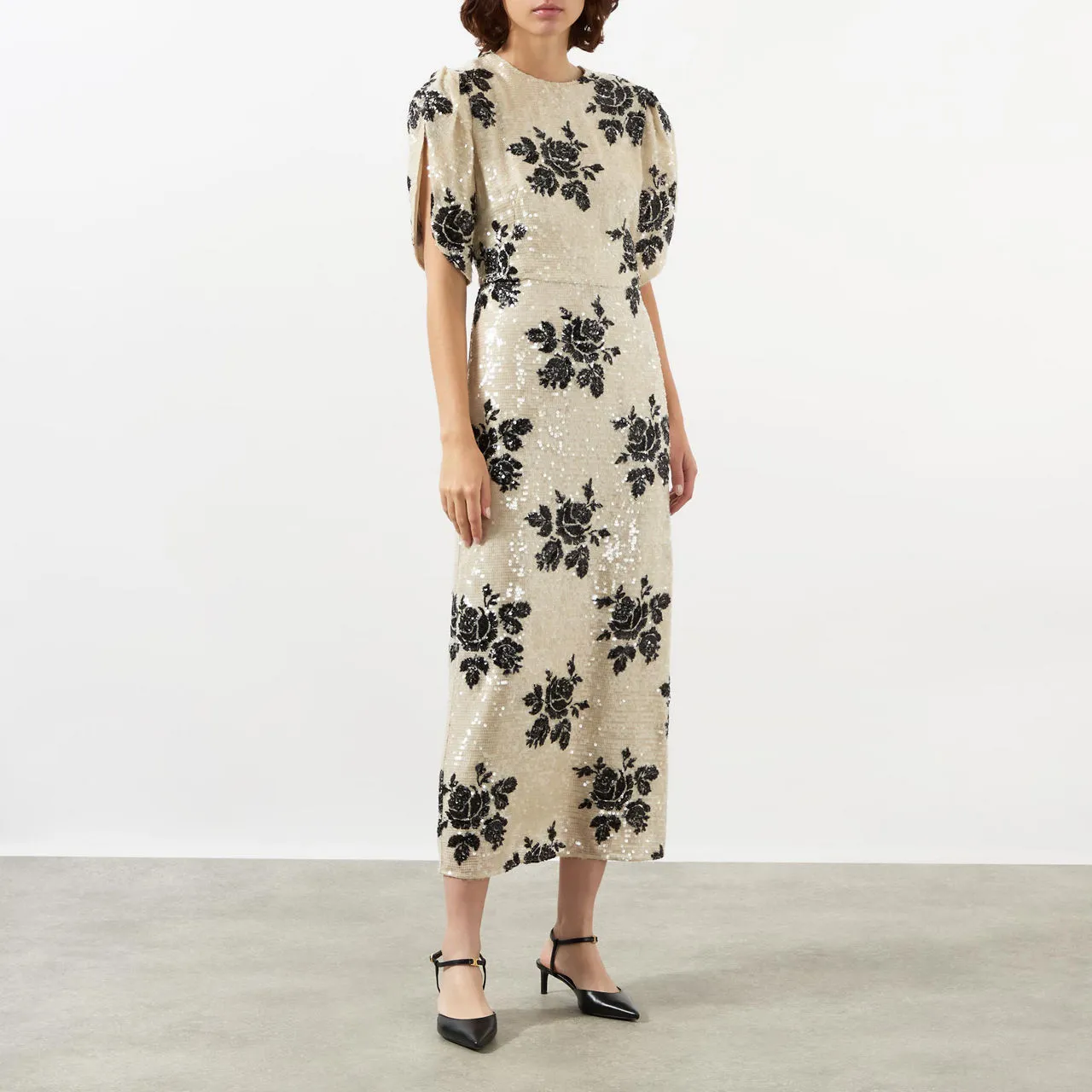 ERDEM Floral Sequin Embellished Pencil Dress - Winter White + Black