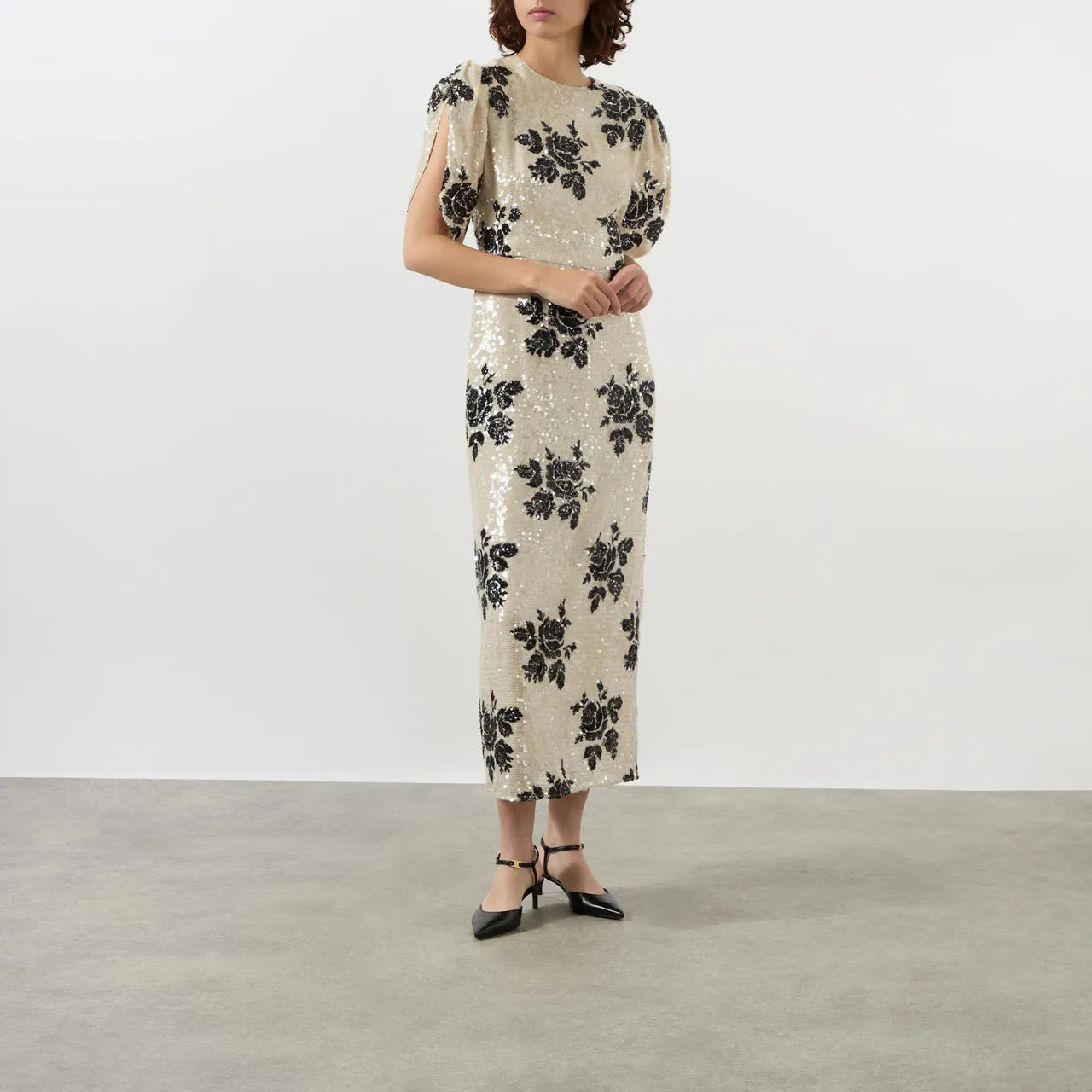 ERDEM Floral Sequin Embellished Pencil Dress - Winter White + Black