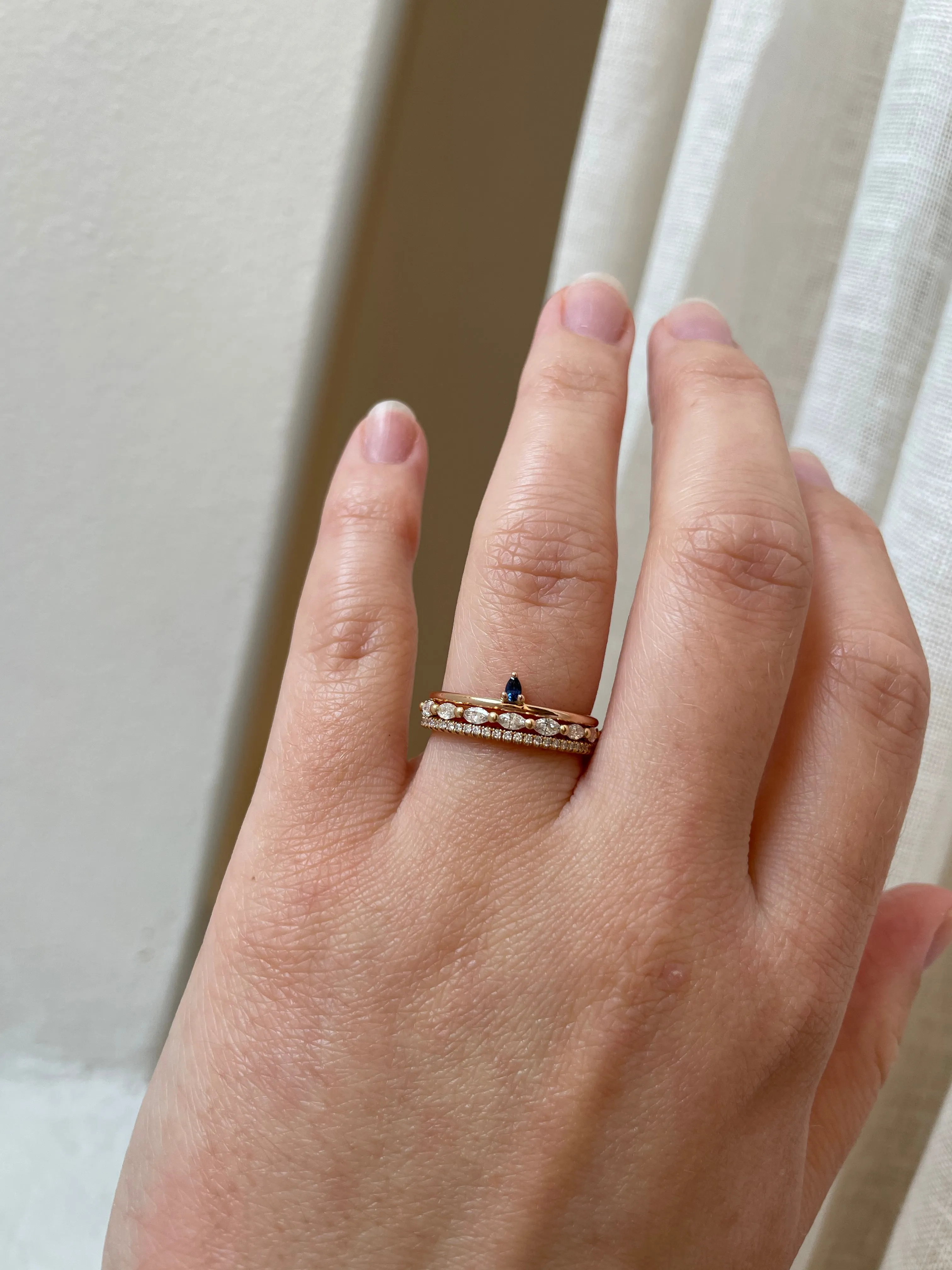 Finished: Lily Tiny Diamond Drop Ring in Rose Gold with Dark Blue Sapphire