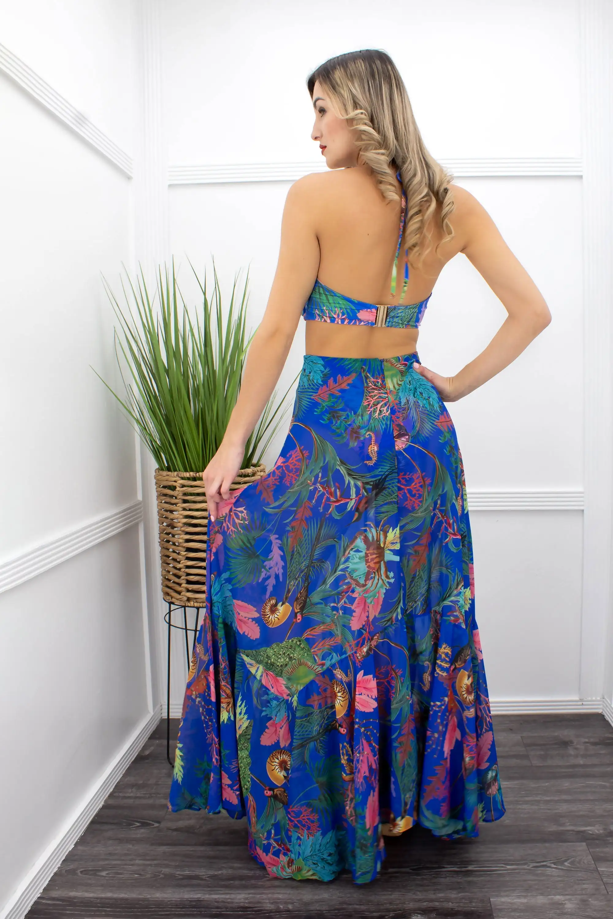 Floral Front Cut With Bodysuit Maxi Dress