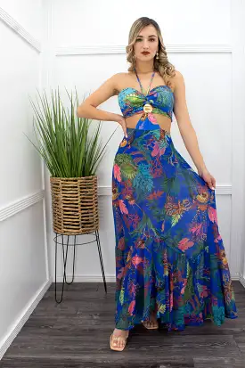 Floral Front Cut With Bodysuit Maxi Dress