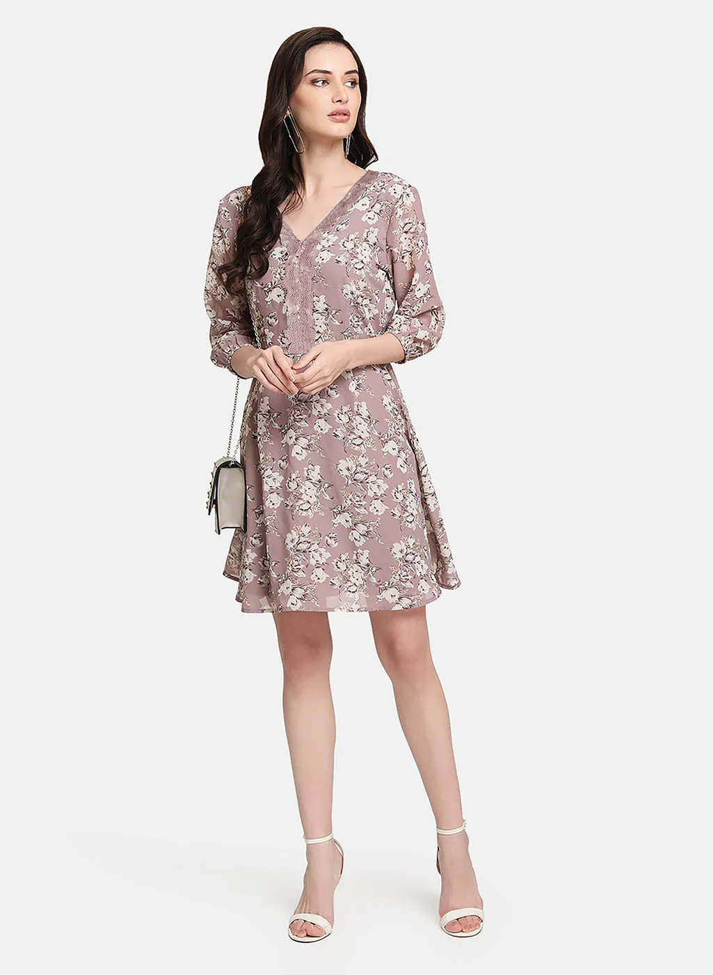 Floral Print Skater Dress With Lace Detail