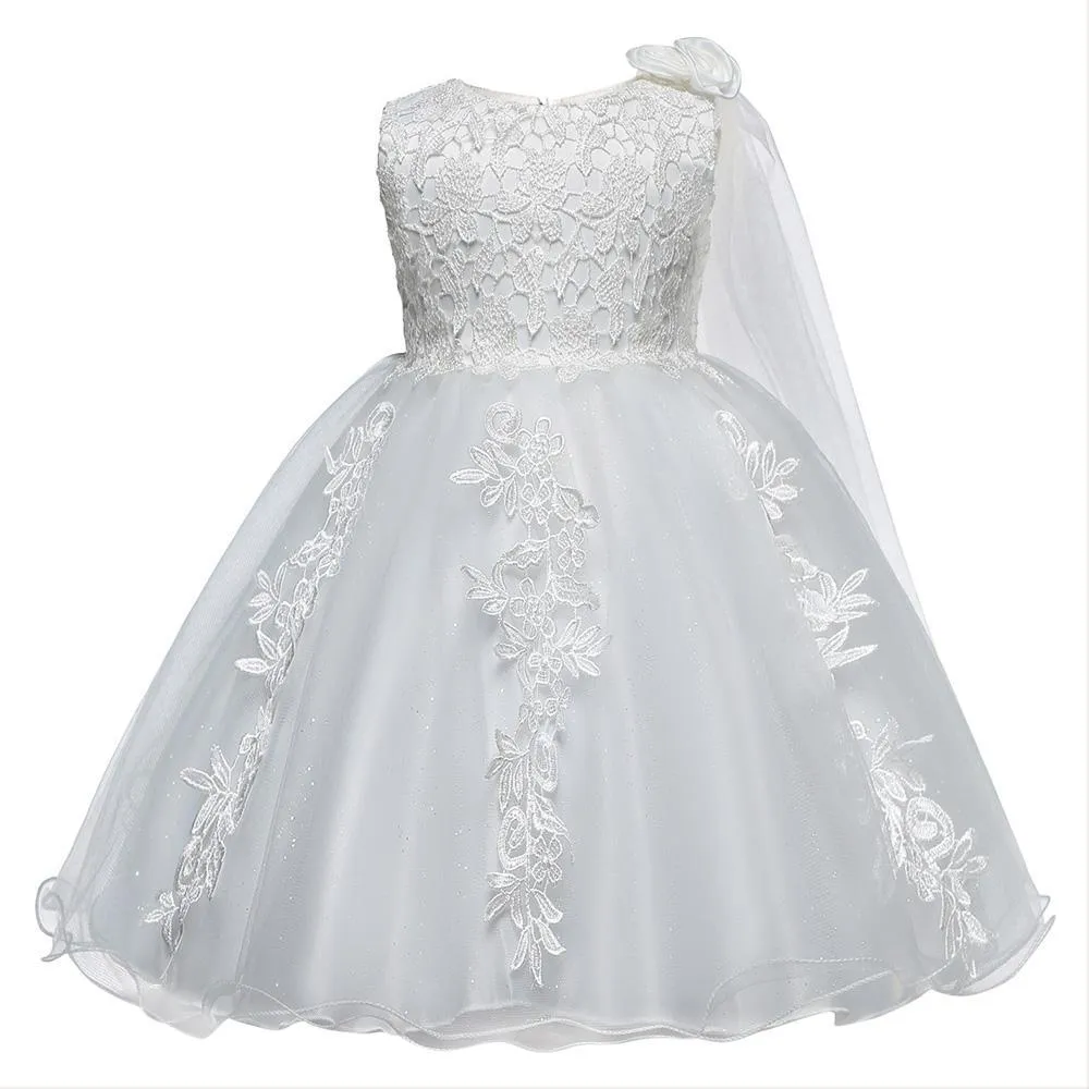 Flower Girl Dress Fancy Tulle Satin Lace Cap Sleeves Pageant Girls Ball Gown White Ivory