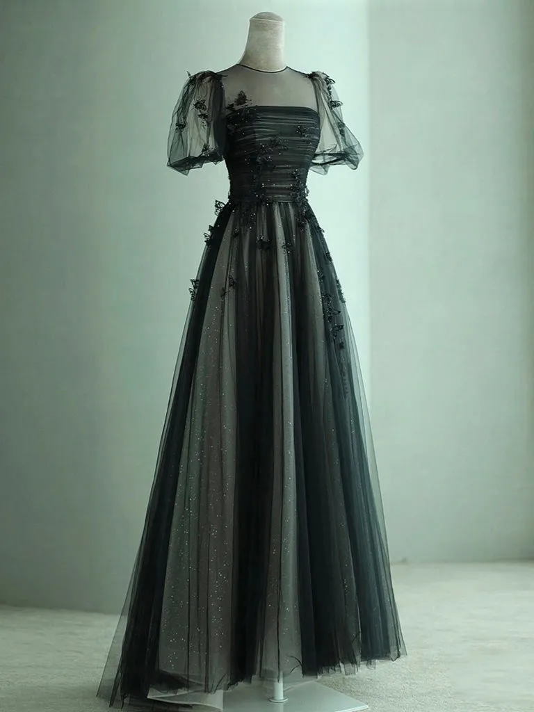 Flowy Black Tulle A-line Prom Dress with Short Bubble Sleeves