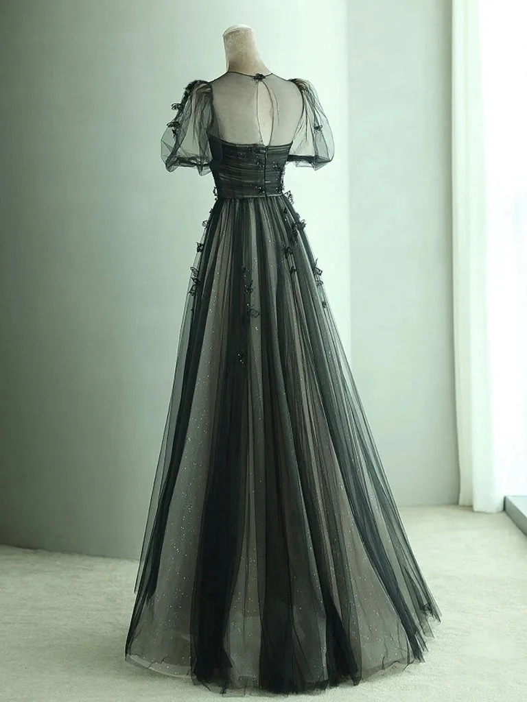 Flowy Black Tulle A-line Prom Dress with Short Bubble Sleeves