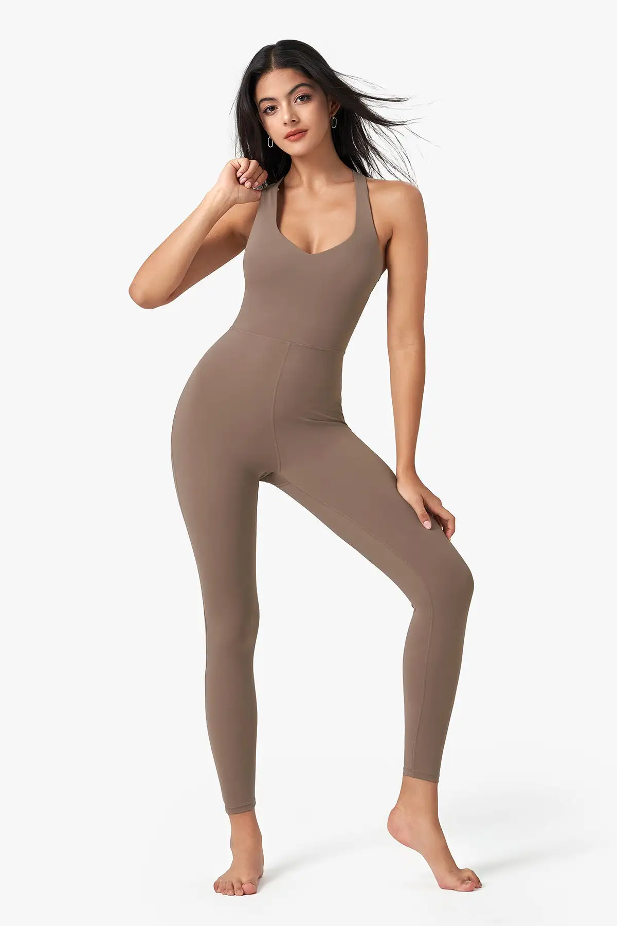 Form-Fitting Cross-Back Jumpsuit with Full-Length Pants