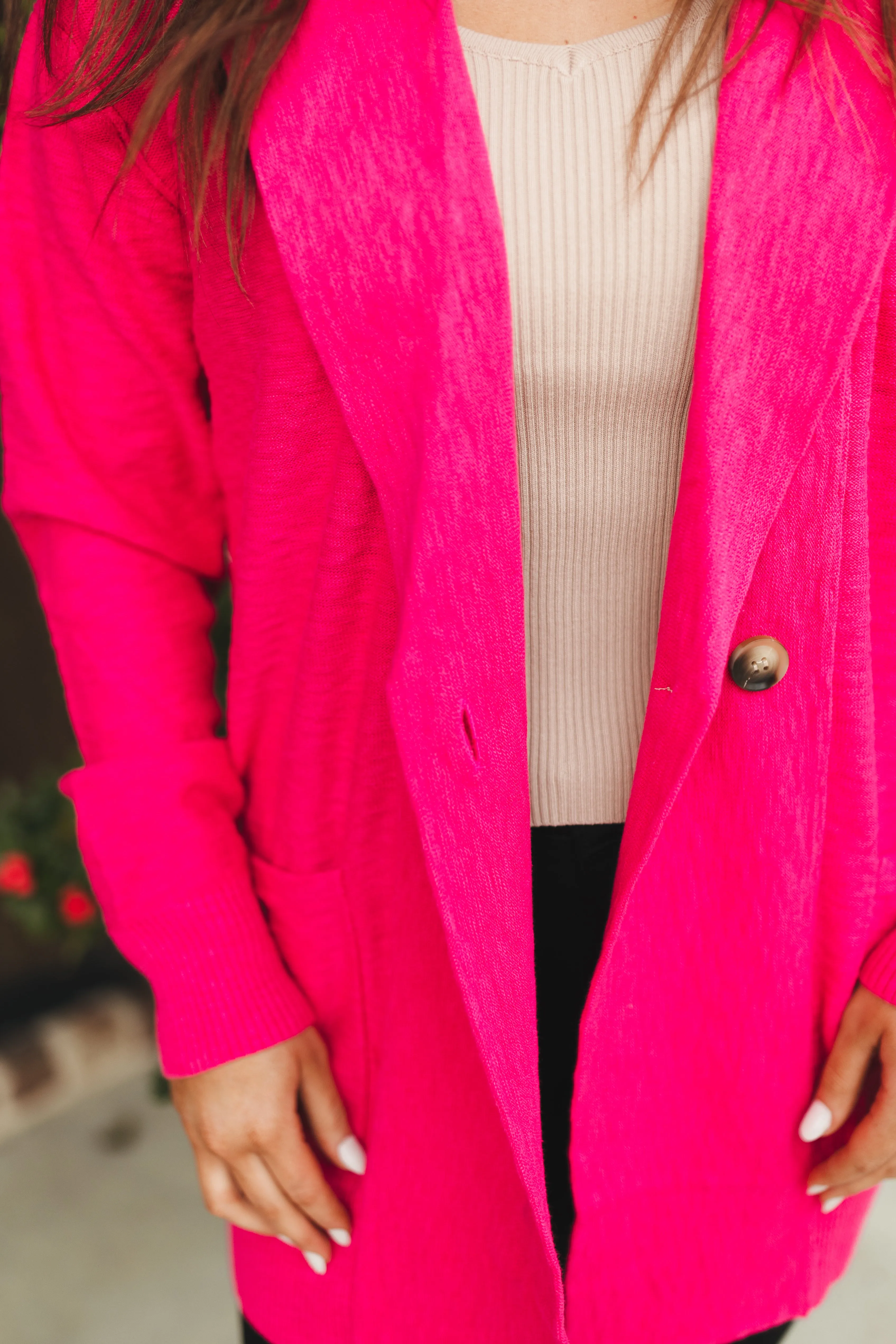 Fuchsia Comfy Knit Collared Button Pocket Cardigan