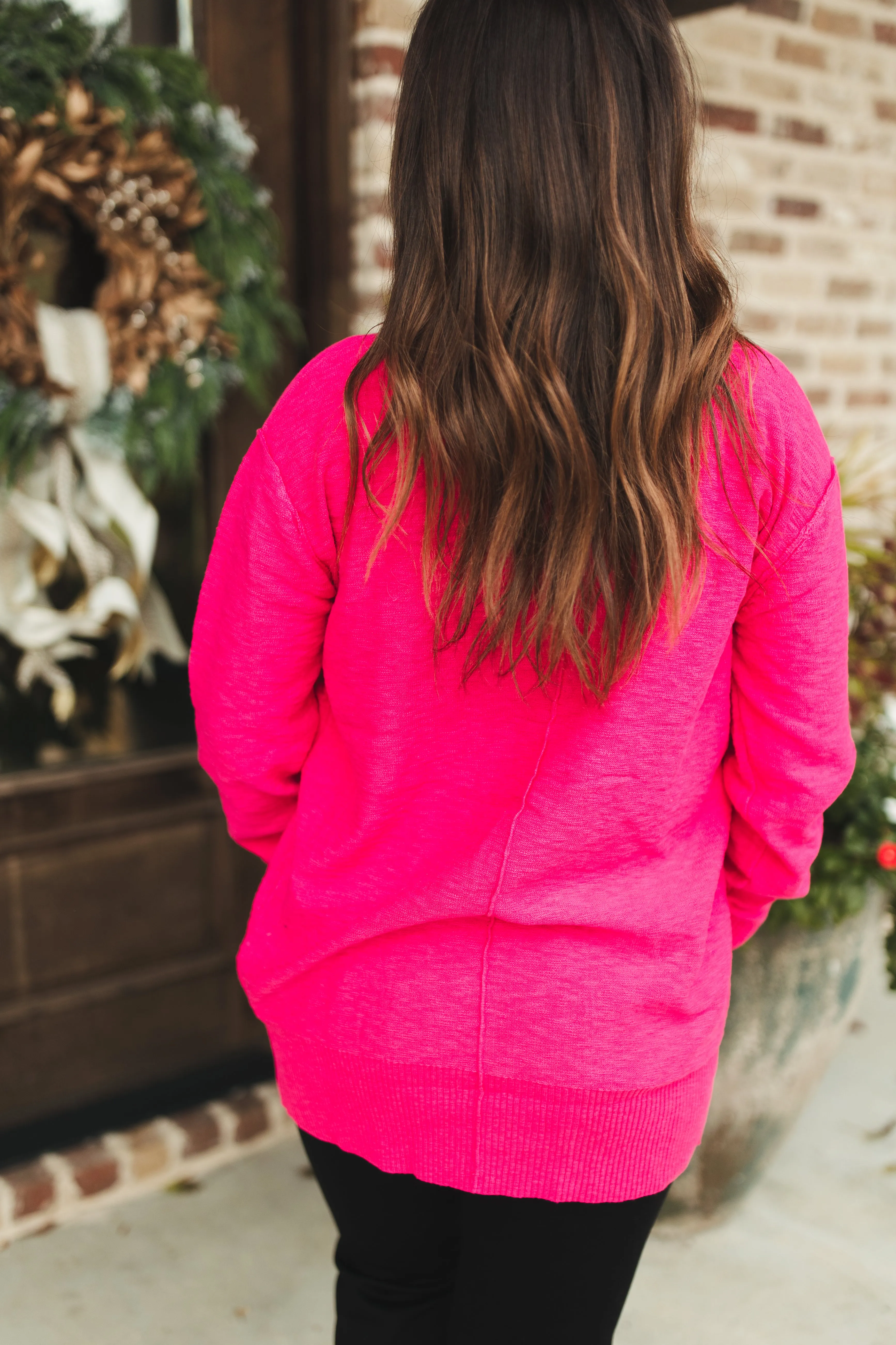 Fuchsia Comfy Knit Collared Button Pocket Cardigan