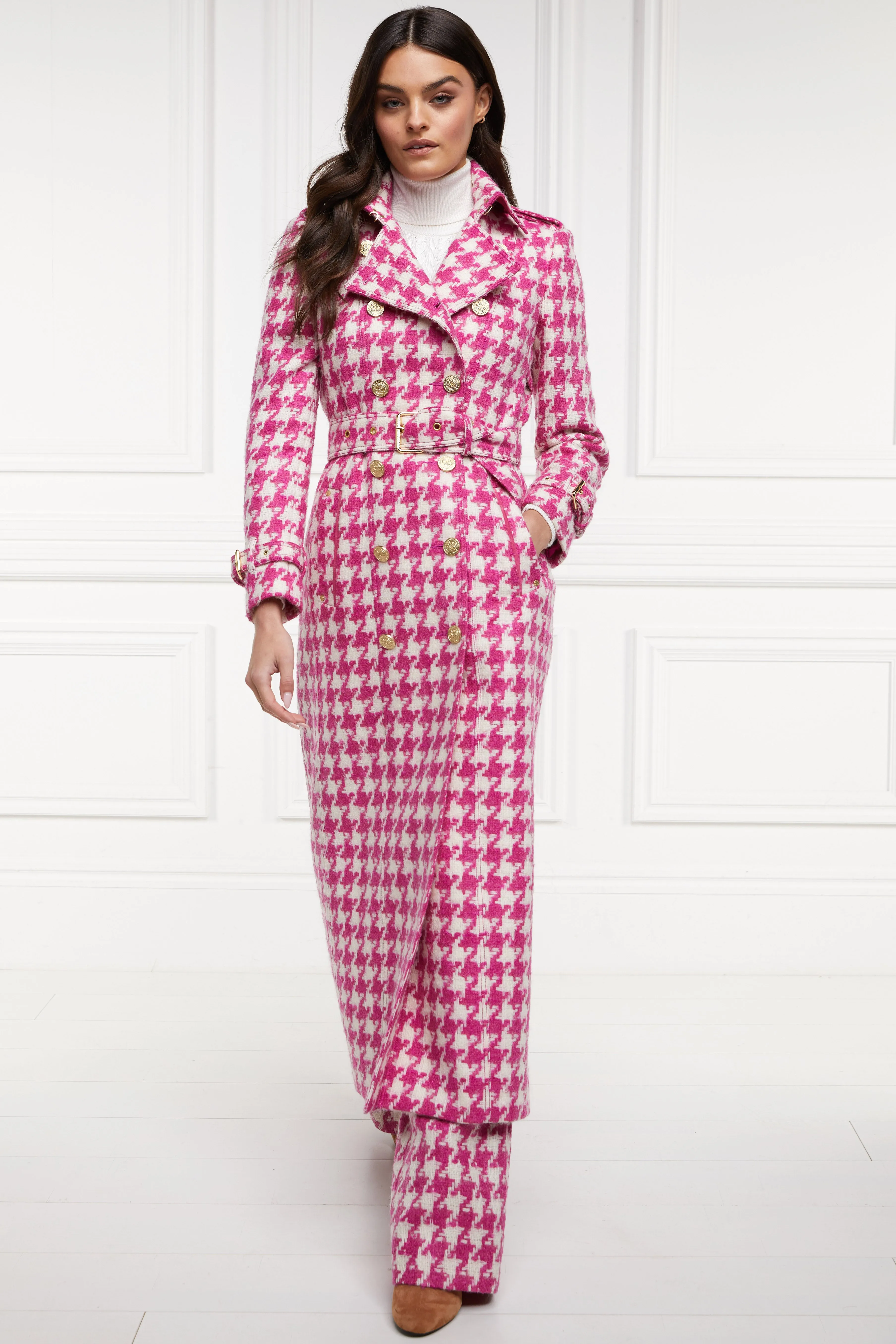 Full Length Marlborough Trench Coat (Hot Pink Large Scale Houndstooth)