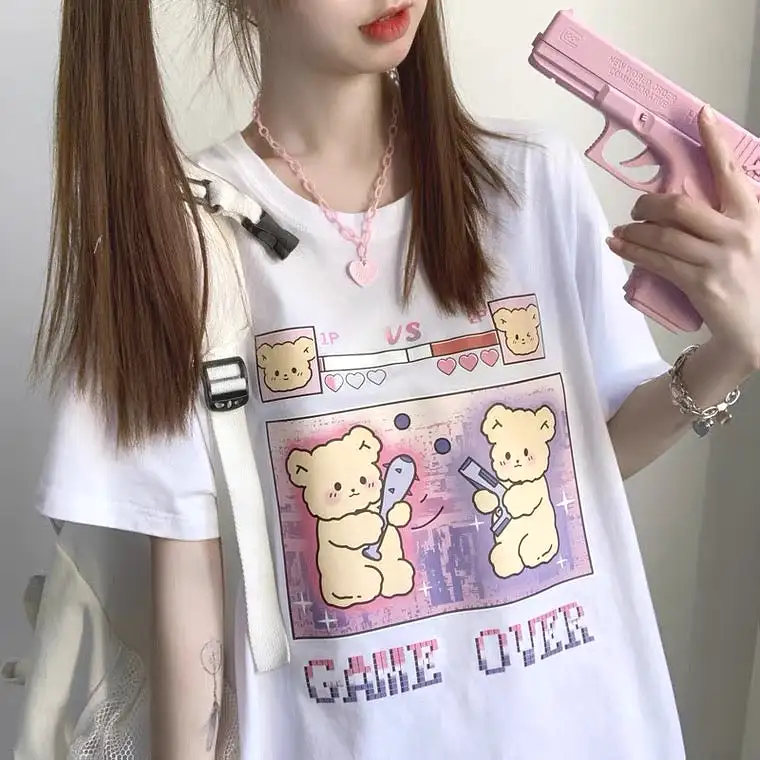 “GAME OVER” CUTE BEAR PRINTING OVERSIZE T-SHIRT BY50093