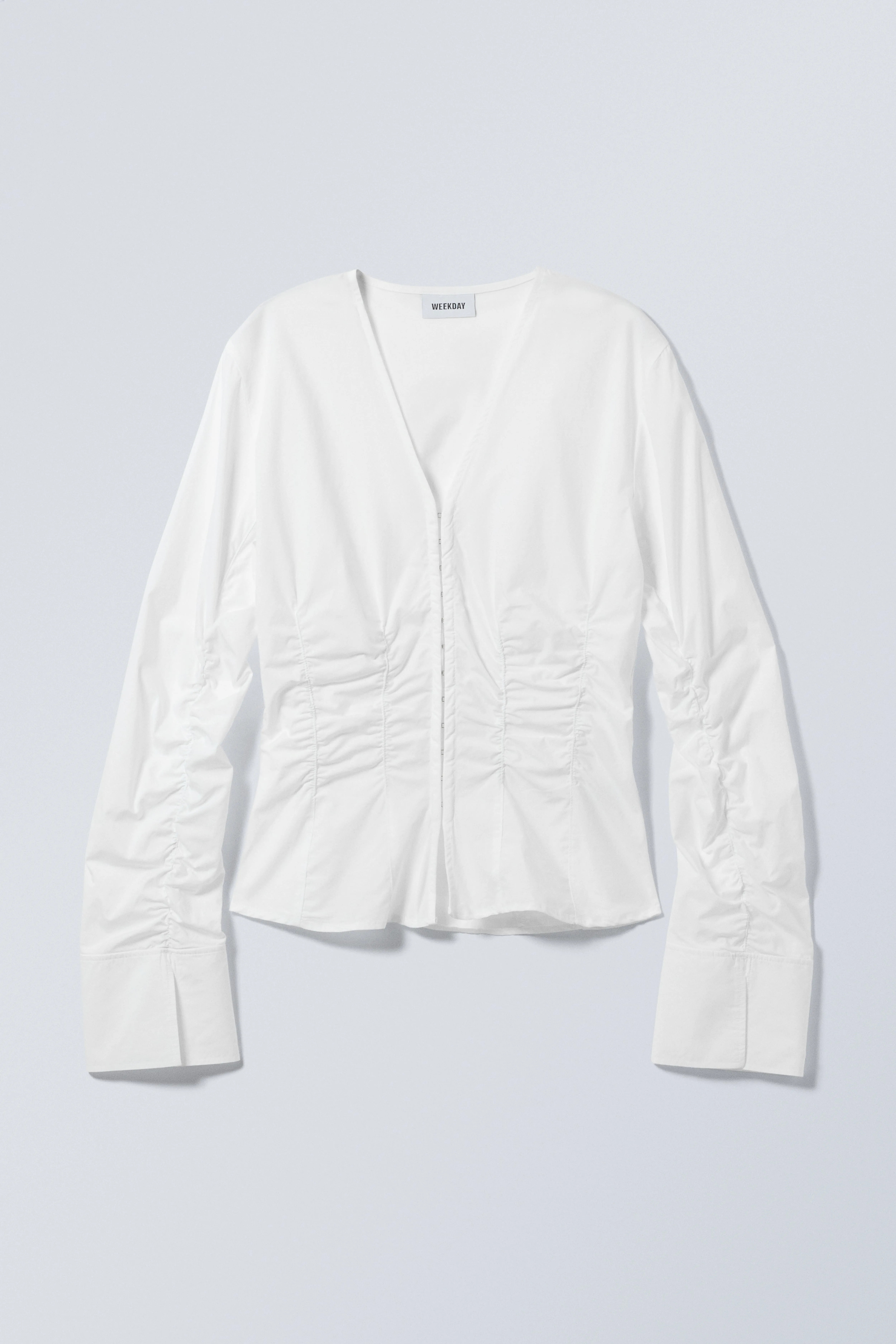 Gathered Poplin V-neck Shirt - Long sleeve - Regular length - White - Ladies | H&M GB