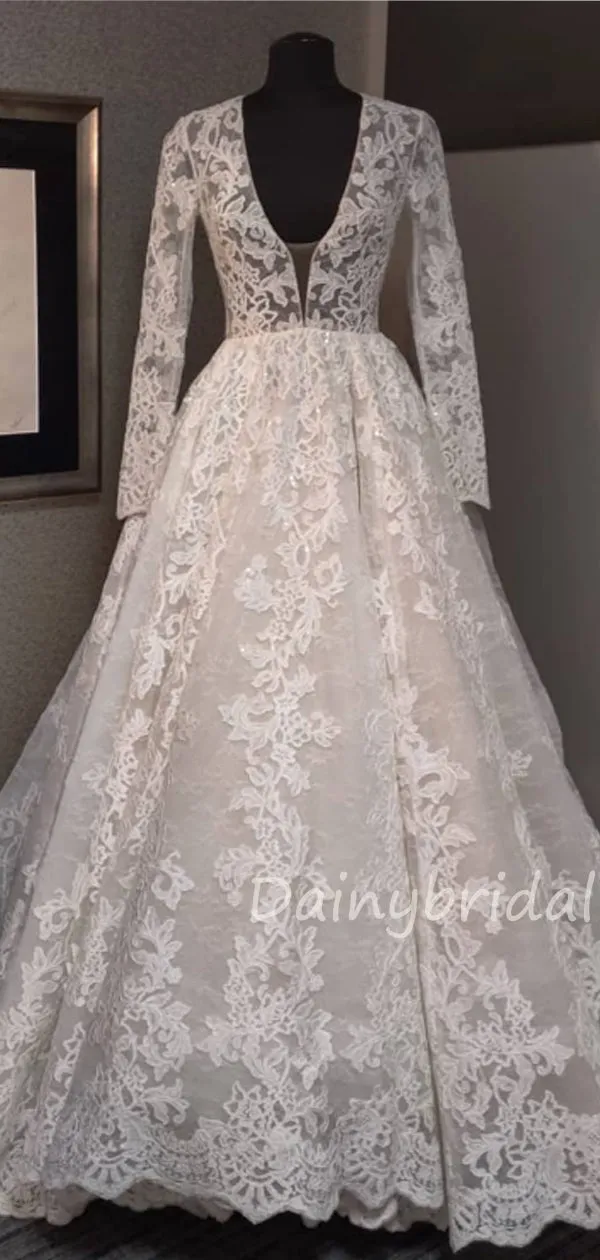 Gogerous V-neck Vintage Tulle Lace Long Sleeves A-line Wedding Dresses With Long Train.DB10402