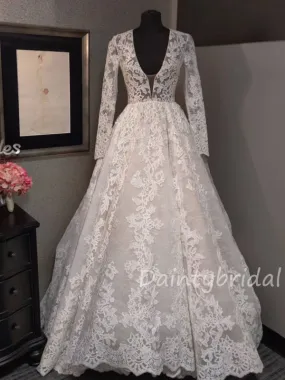 Gogerous V-neck Vintage Tulle Lace Long Sleeves A-line Wedding Dresses With Long Train.DB10402