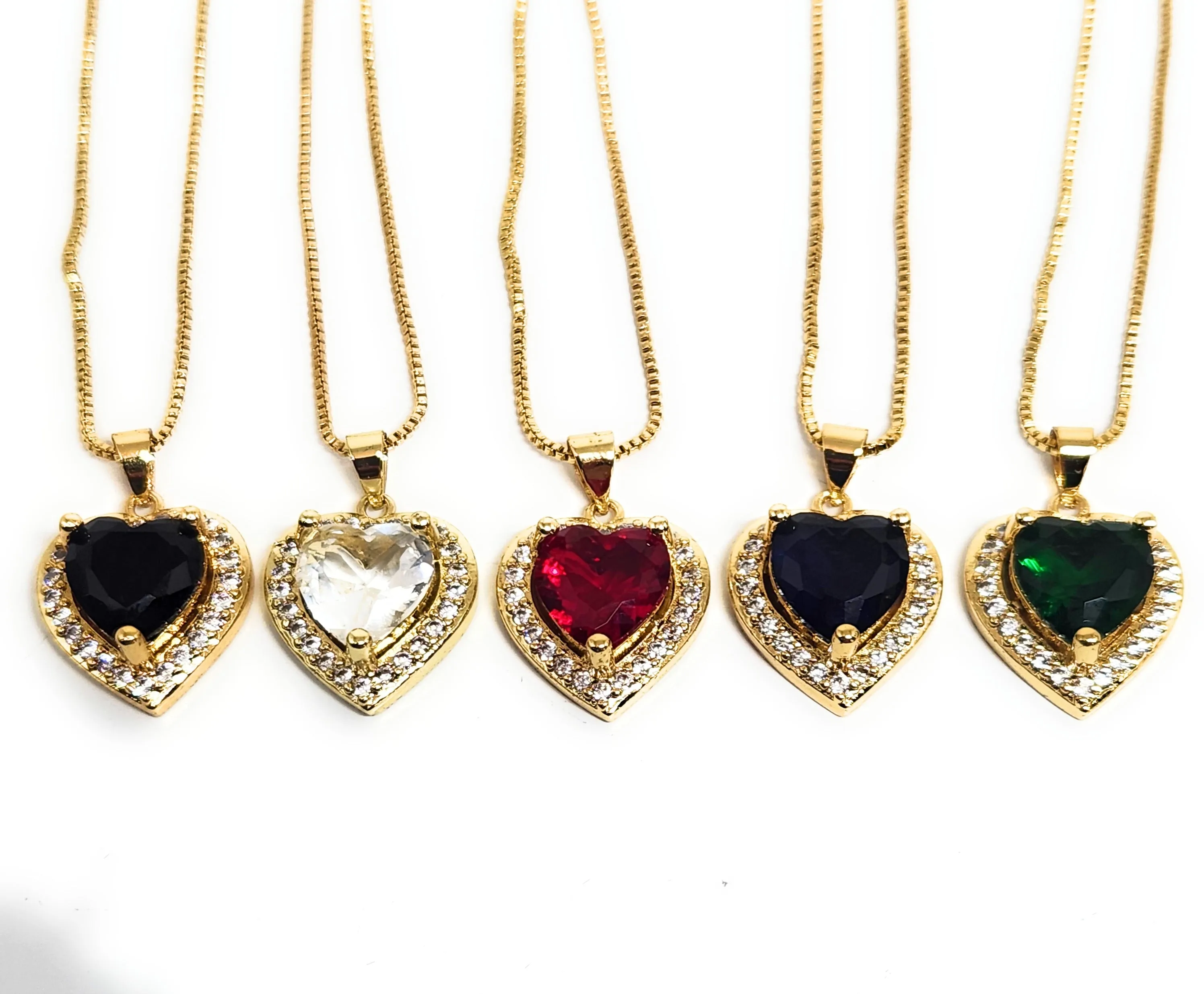 Gold Plated Layered Heart Cubic Zirconia Pendant Necklace Chain 18” (WHITE, RED, GREEN, BLACK, DARK BLUE)