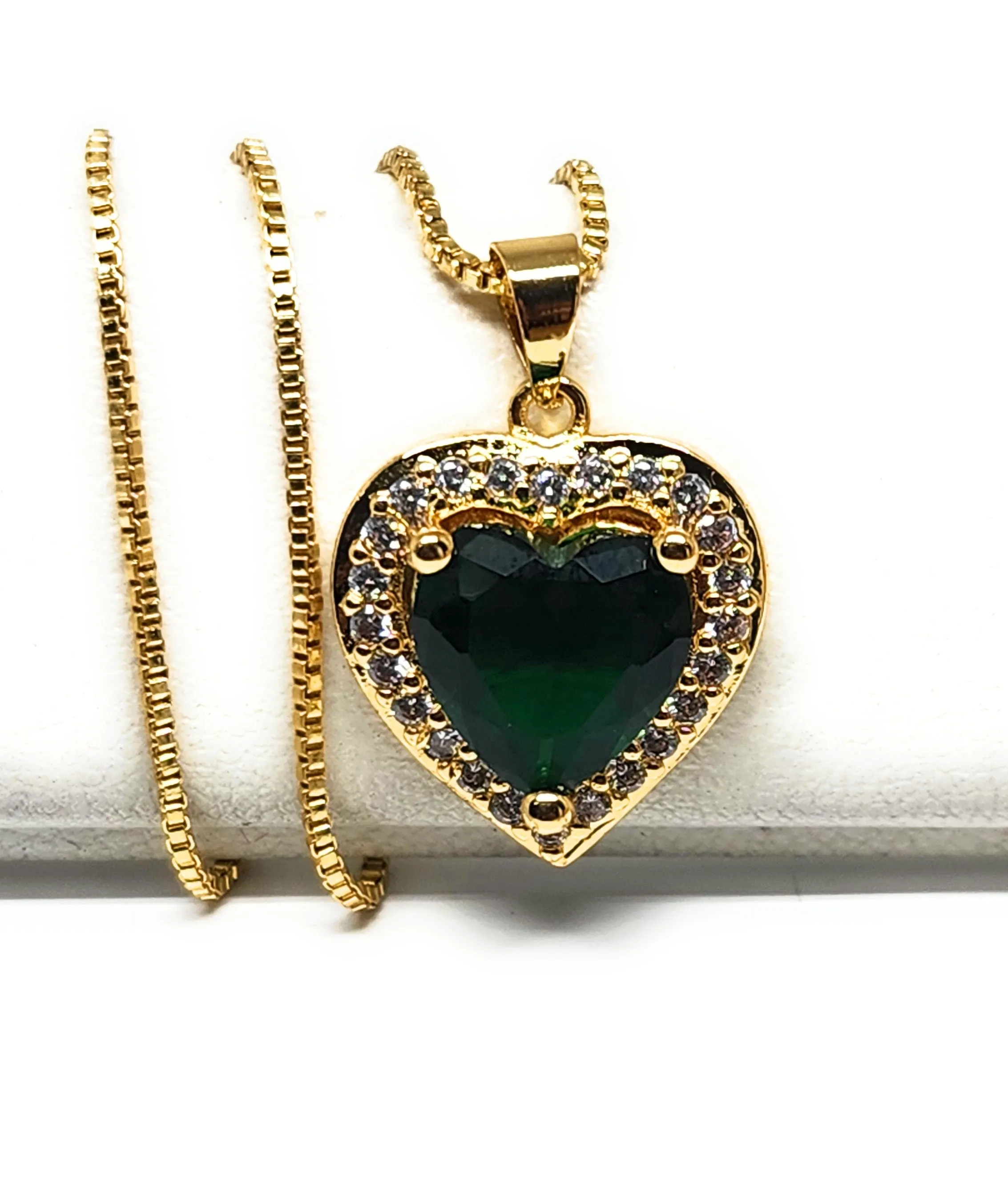 Gold Plated Layered Heart Cubic Zirconia Pendant Necklace Chain 18” (WHITE, RED, GREEN, BLACK, DARK BLUE)