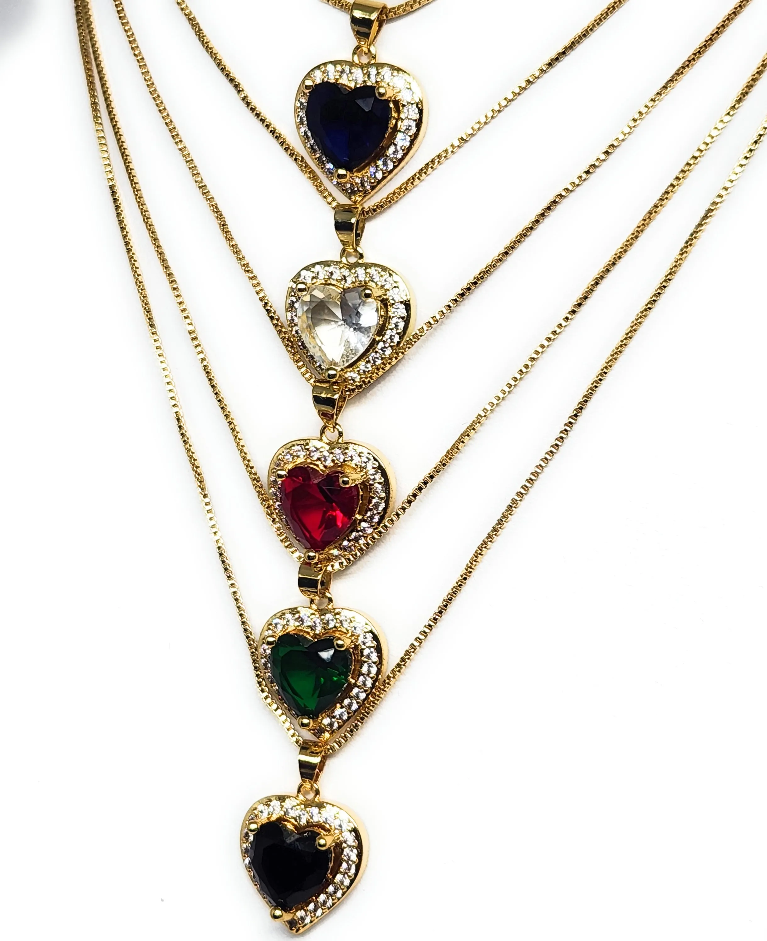 Gold Plated Layered Heart Cubic Zirconia Pendant Necklace Chain 18” (WHITE, RED, GREEN, BLACK, DARK BLUE)