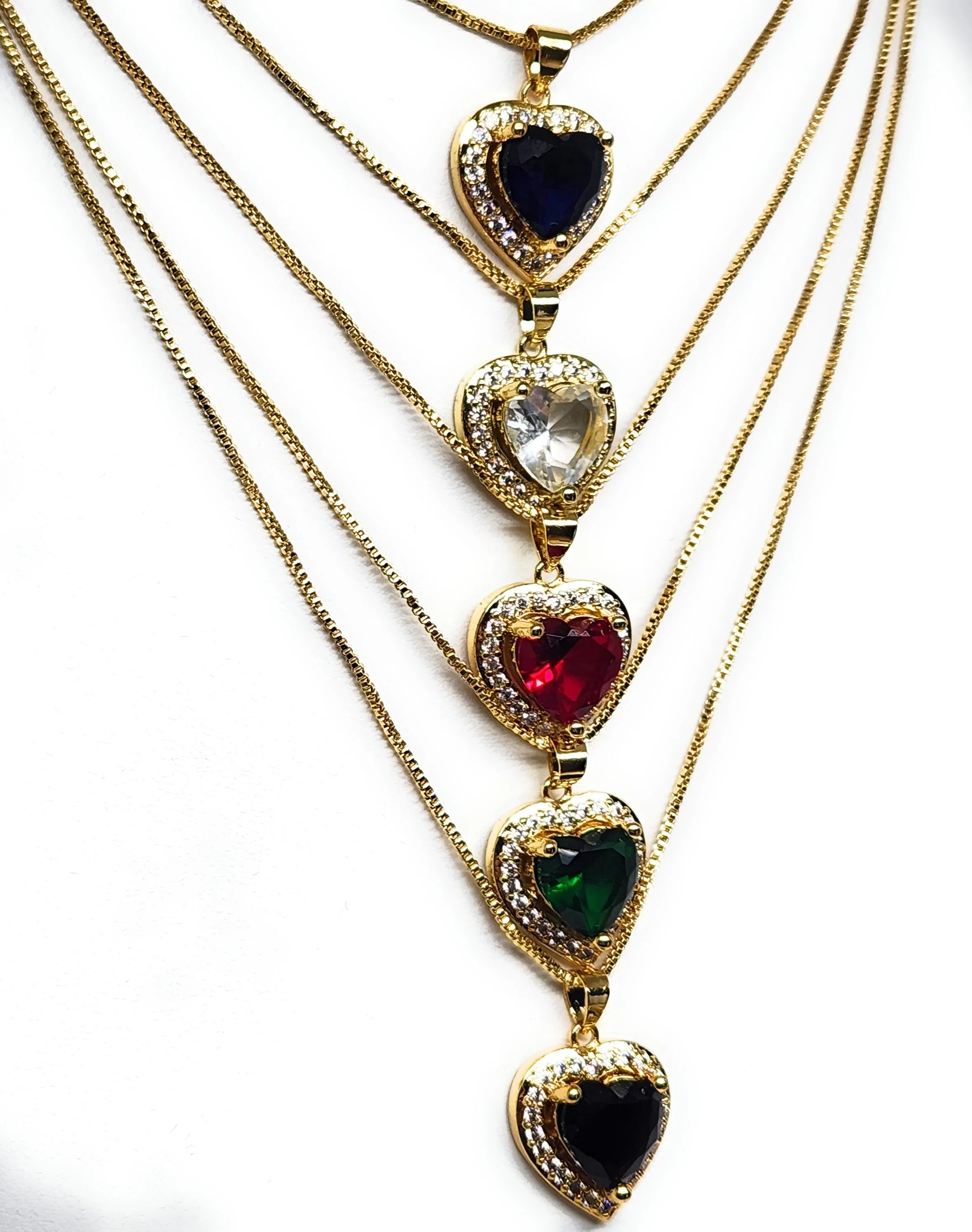 Gold Plated Layered Heart Cubic Zirconia Pendant Necklace Chain 18” (WHITE, RED, GREEN, BLACK, DARK BLUE)